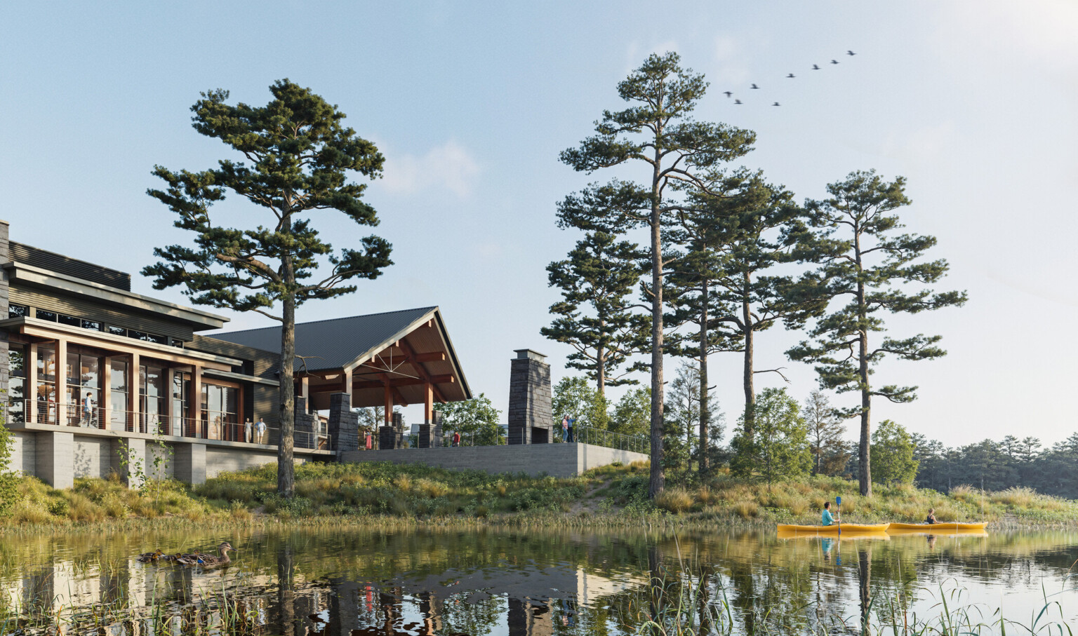 Luxury lodge retreat located on a lake in the midwest, tall trees surround wood lodge Luxury lodge retreat located on a lake in the midwest, tall trees surround wood lodge
