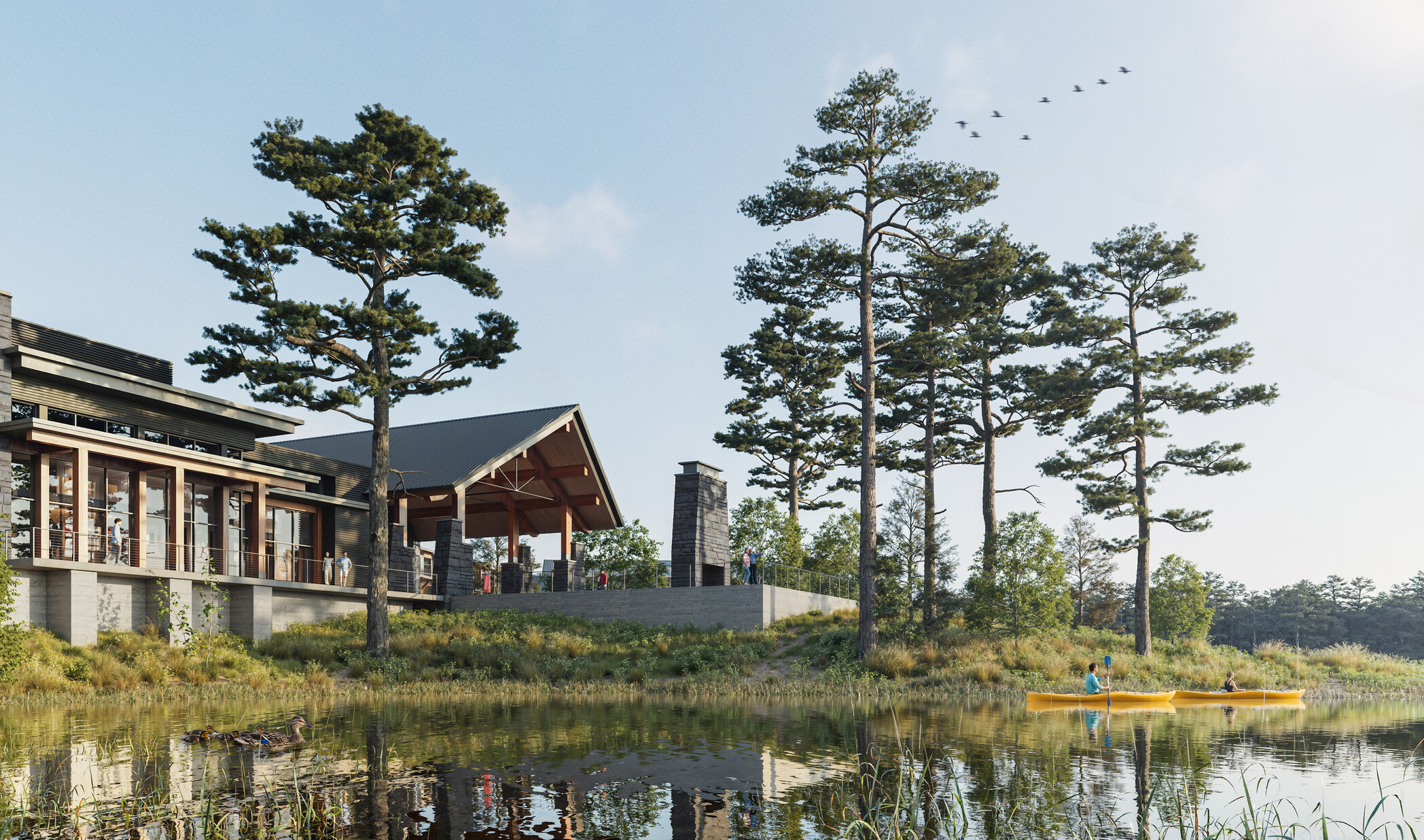 Luxury lodge retreat located on a lake in the midwest, tall trees surround wood lodge