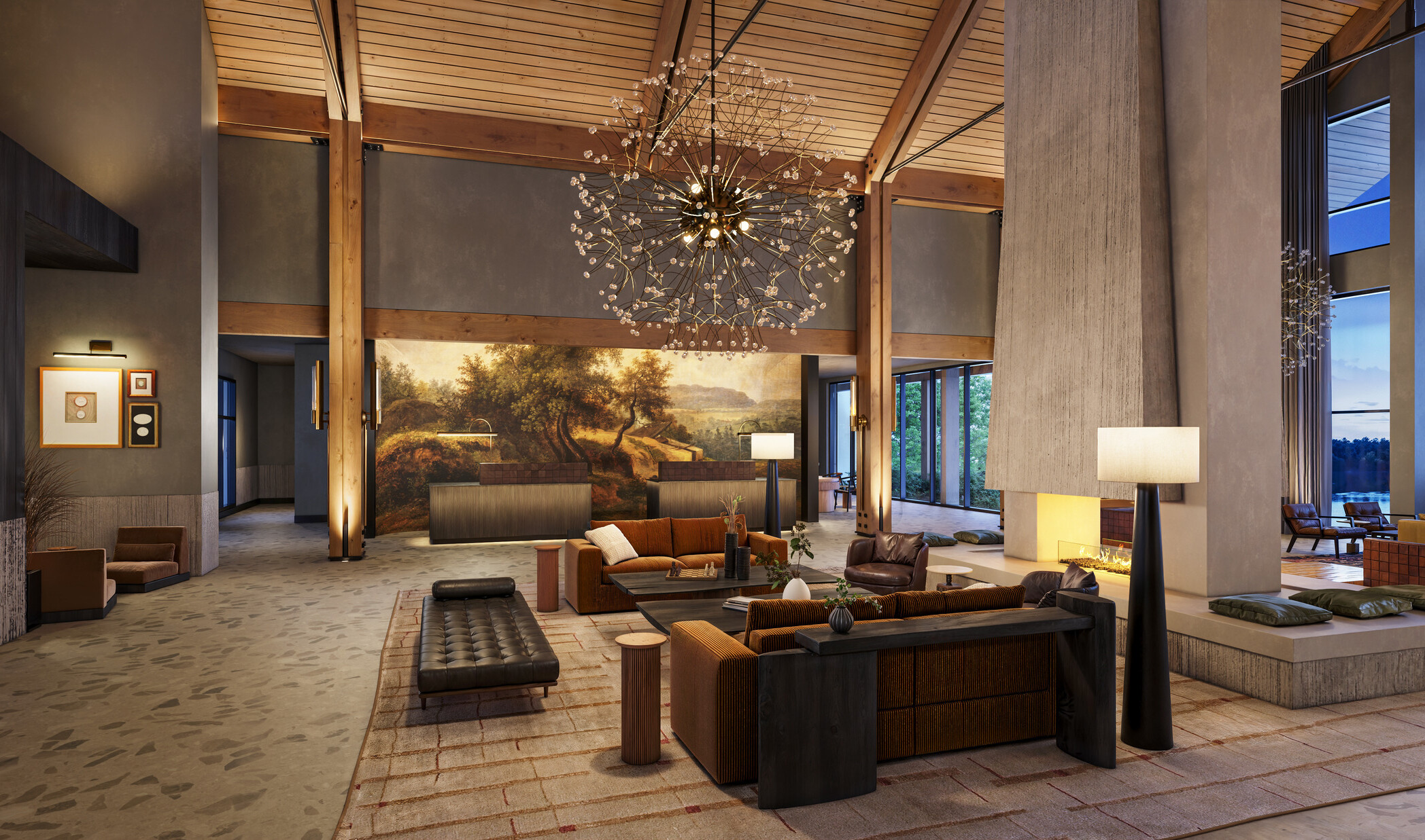 interior of a lodge-themed hotel lobby; rustic columns; stone walls; dark leather and wood interior tables and booths