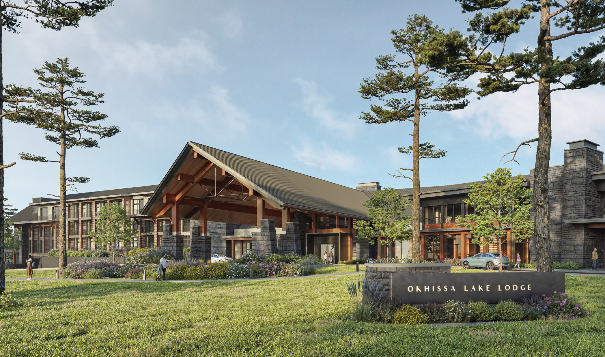 exterior design rendering of a lodge in the wilderness