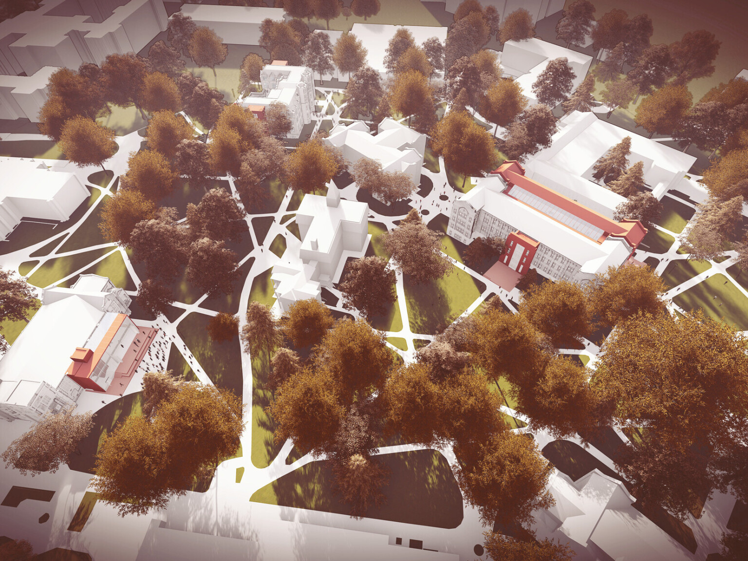 Vanderbilt University rendering of aerial view of site with multiple buildings interconnected by crossing paths