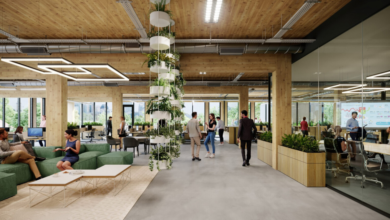 Mass timber office interior, geometric accent pendant lights, biophilia greenery, exposed warm wood, large windows
