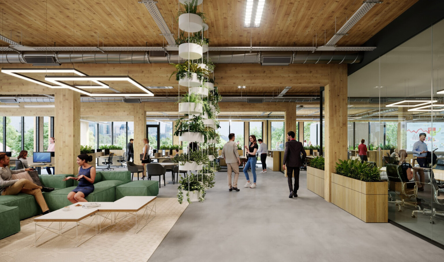 Mass timber office interior, geometric accent pendant lights, biophilia greenery, exposed warm wood, large windows