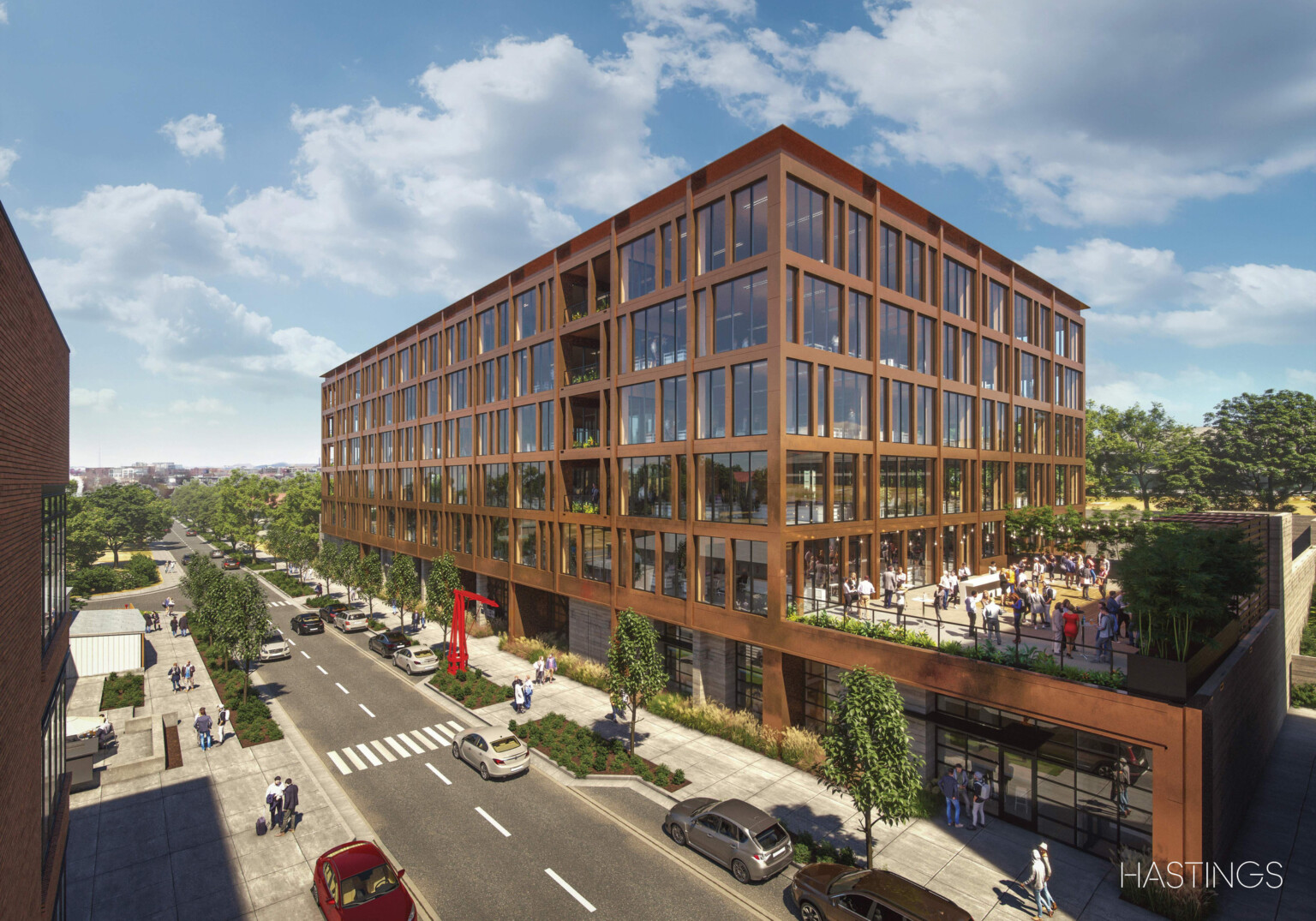 Hines T3 The Finery Nashville mass timber office building with rows of floor to ceiling windows and large common area rooftop patio