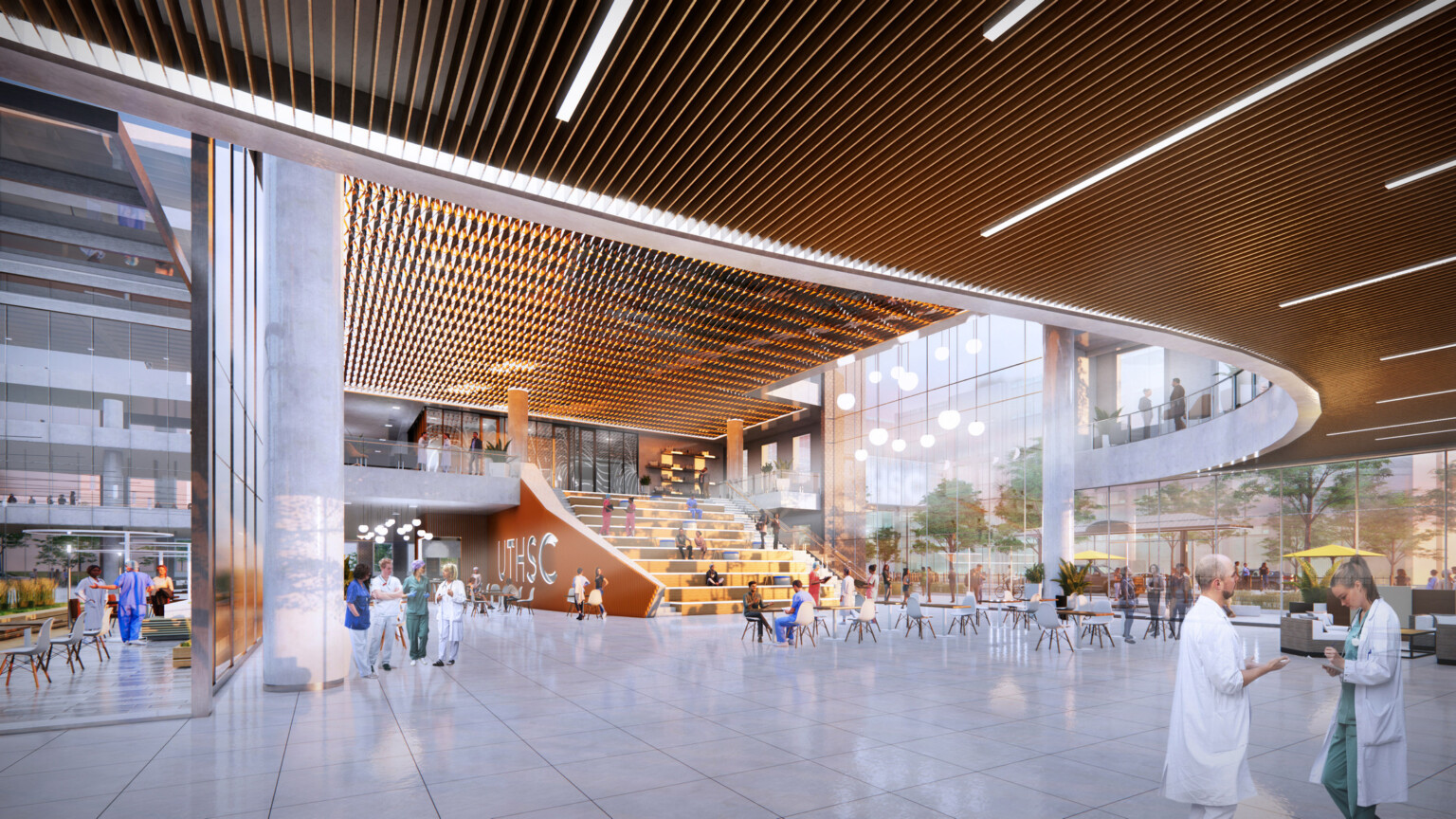 triple height interior with floor to ceiling windows, learning stairs with UTHSC logo, wood panel ceiling accents triple height interior with floor to ceiling windows, learning stairs with UTHSC logo, wood panel ceiling accents