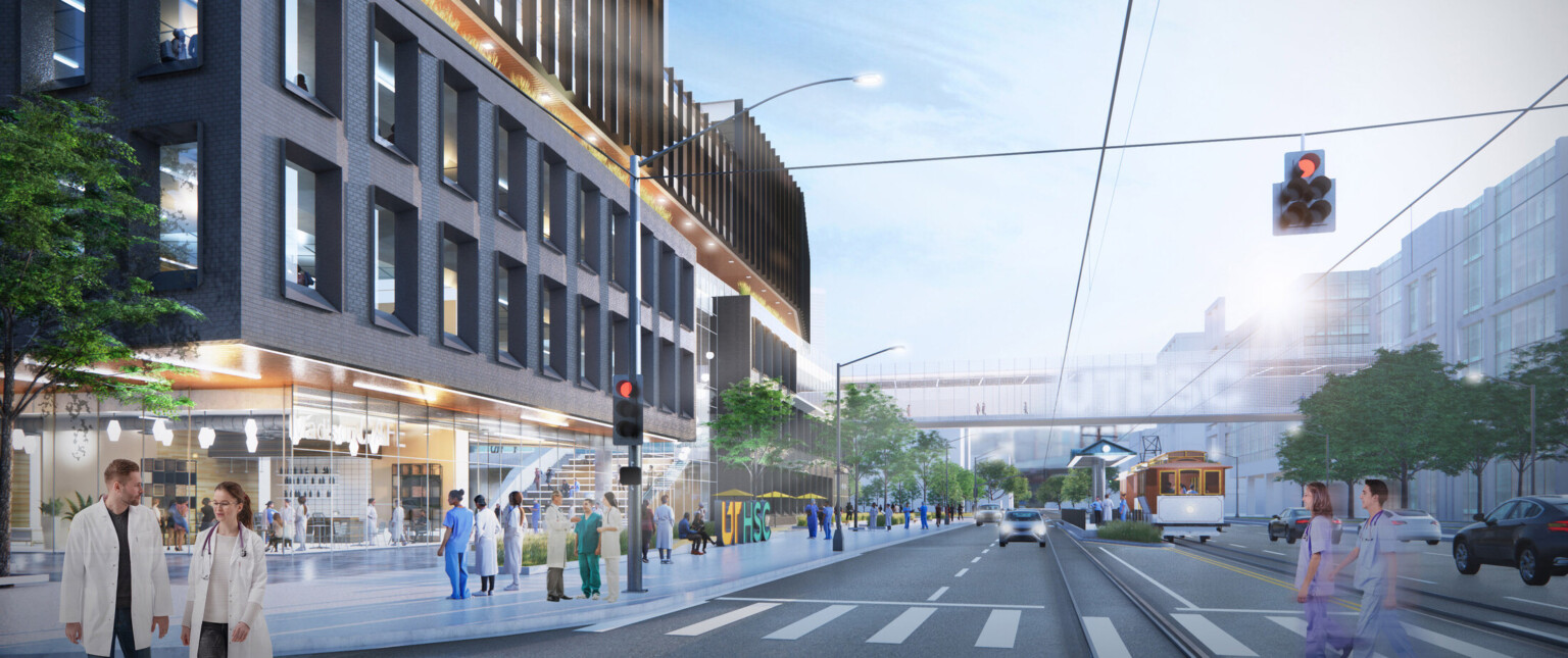 3rd story glass walkway connects black building with glass and wood accents over street traffic, large windows