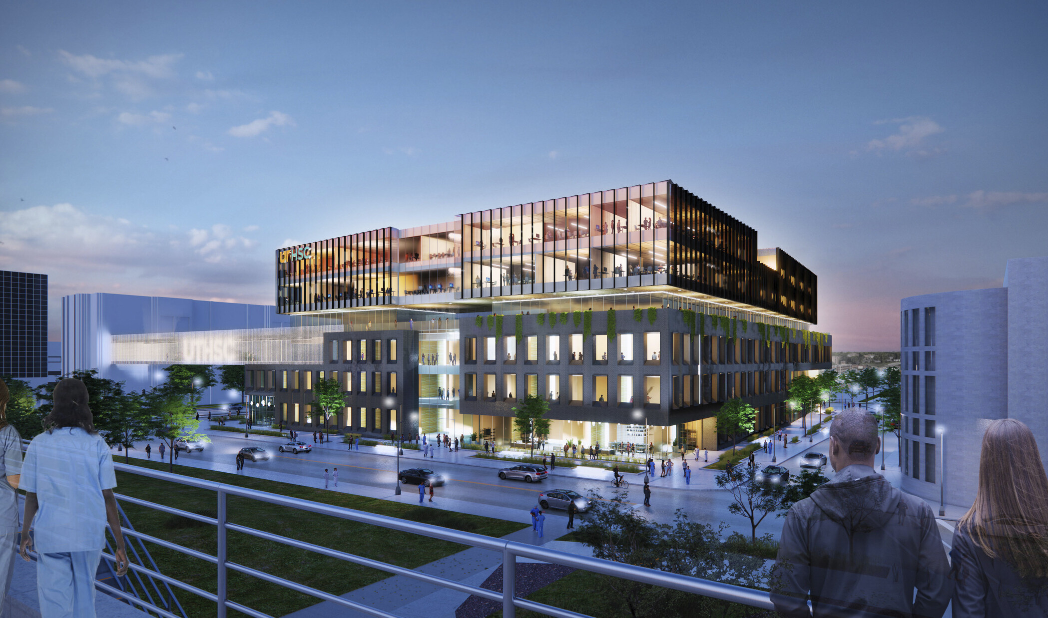 Design concept of multi-story health science center at dusk
