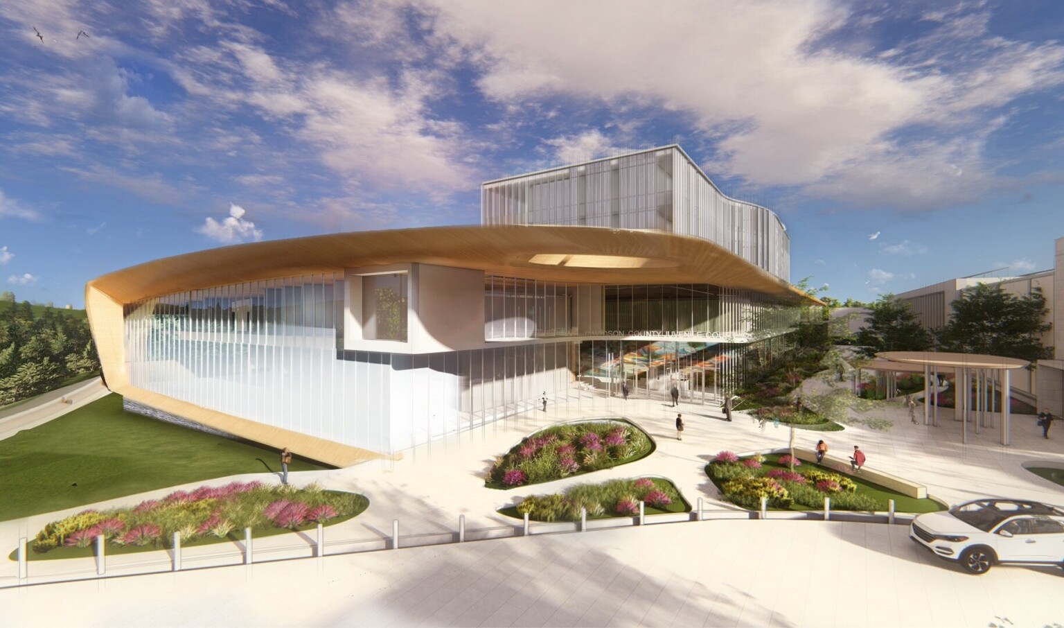 Metro Nashville Campus for Youth Empowerment building, double height windows, wood wrap facade and overhang