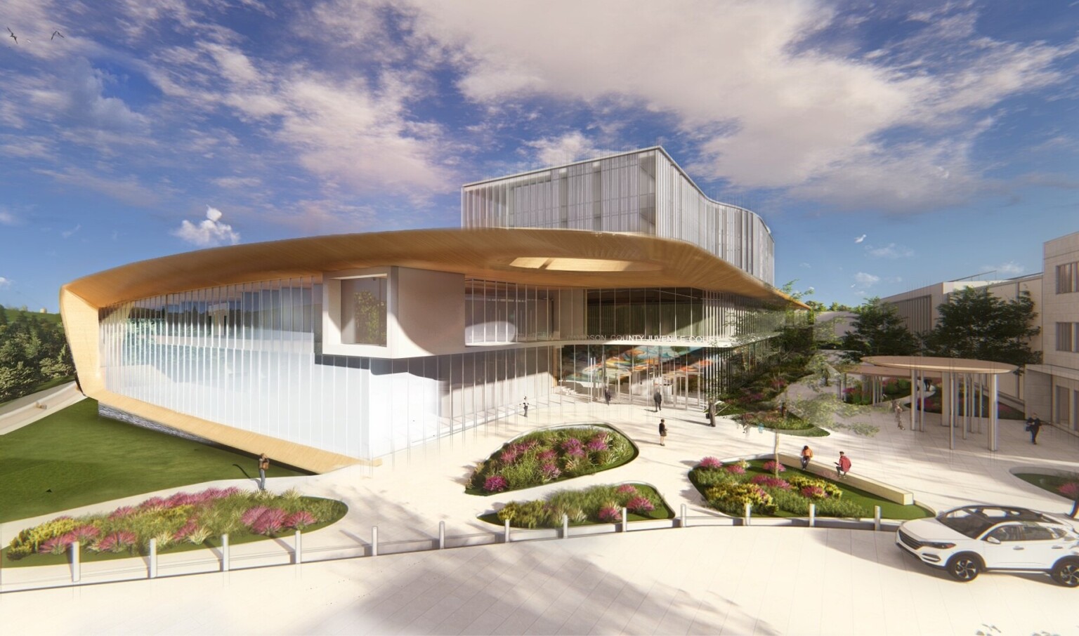 Metro Nashville Campus for Youth Empowerment building, double height windows, wood wrap facade and overhang