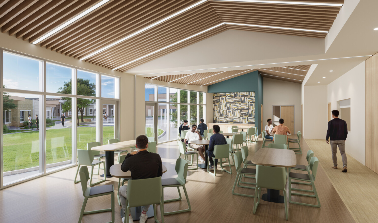 Seating area with floor to ceiling windows filled with tables and chairs. Seating area with floor to ceiling windows filled with tables and chairs.