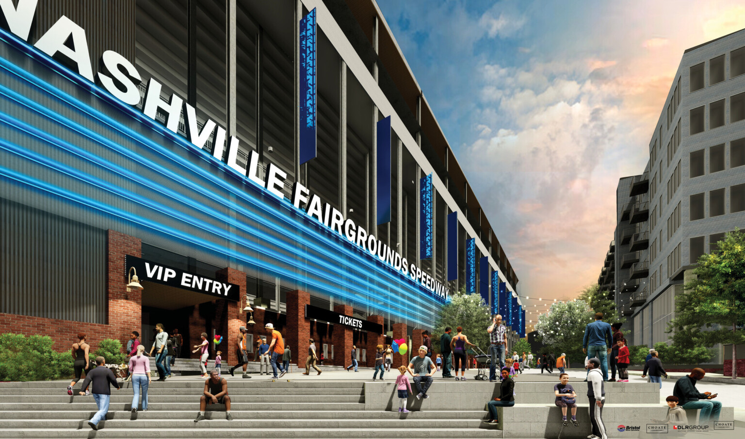 Steps lead to entry gates of Nashville Fairgrounds Speedway with blue light sign accent