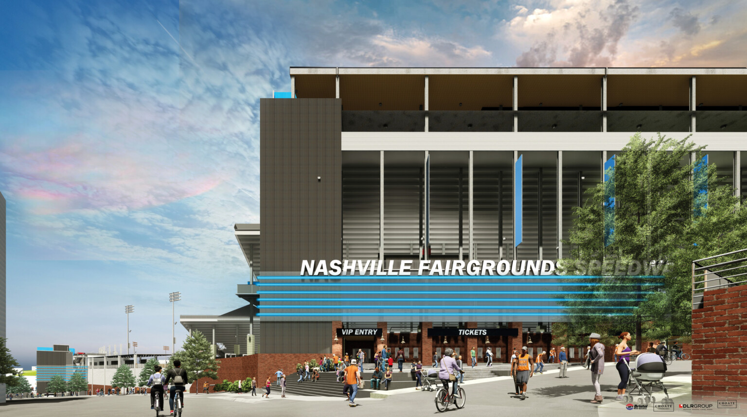 Nashville Fairgrounds Speedway Renovation rendering, black building with blue accents and large windows