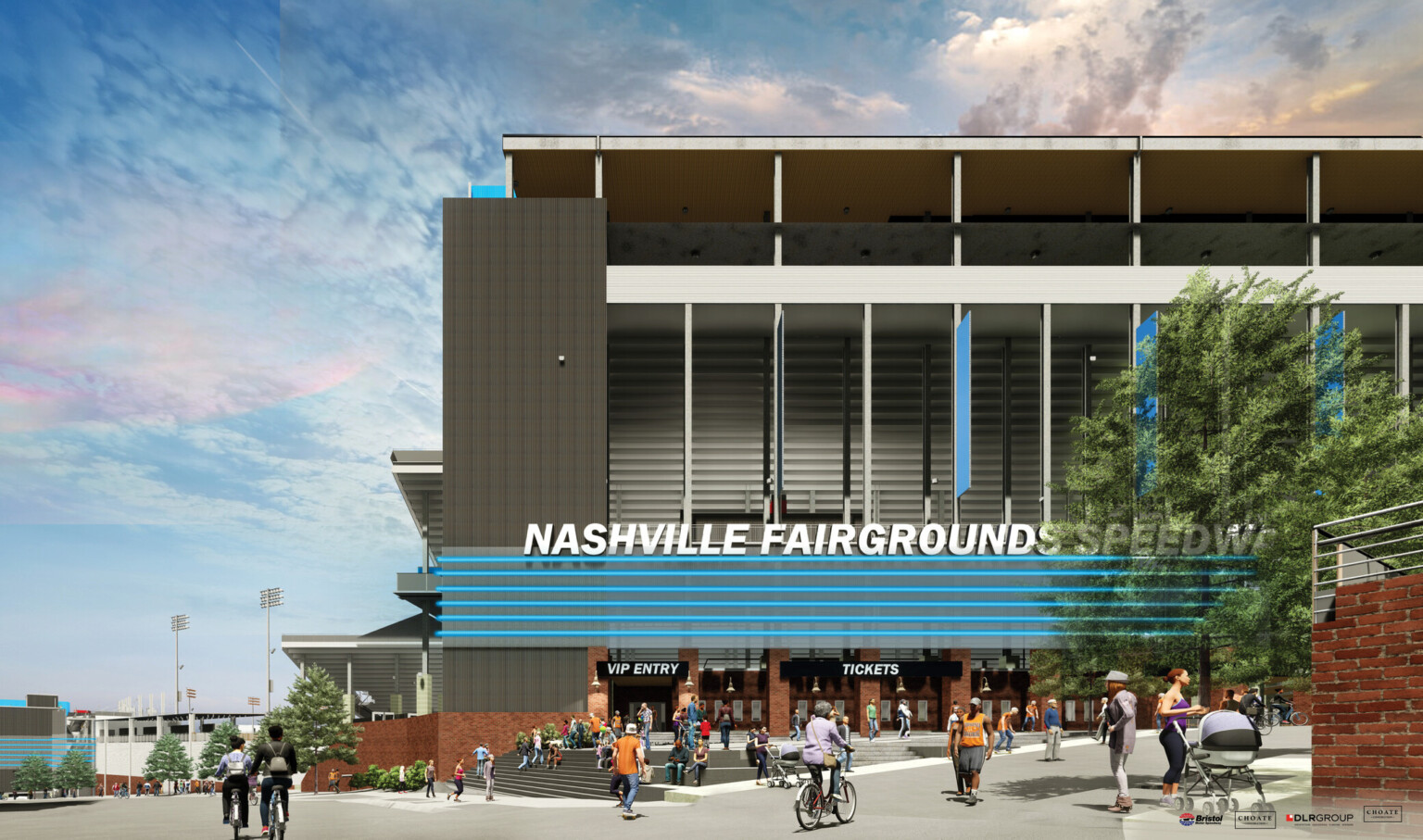 Nashville Fairgrounds Speedway Renovation rendering, black building with blue accents and large windows