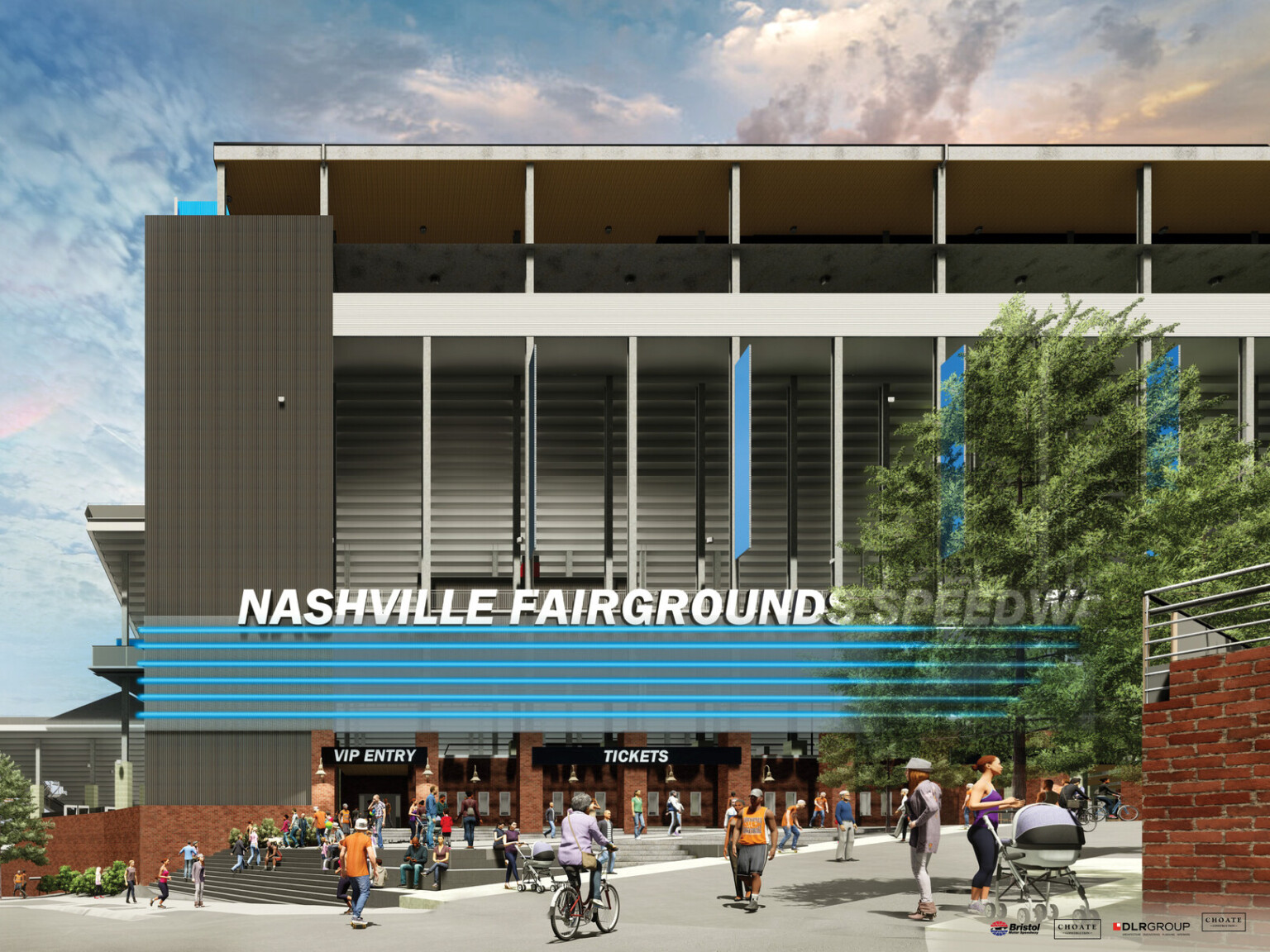Nashville Fairgrounds Speedway Renovation rendering, black building with blue accents and large windows