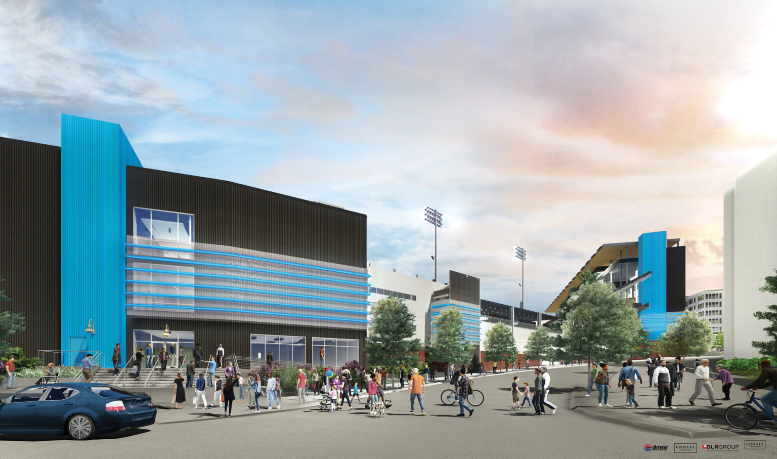 Nashville Fairgrounds Speedway Renovation rendering, black building with blue accents and large windows Nashville Fairgrounds Speedway Renovation rendering, black building with blue accents and large windows
