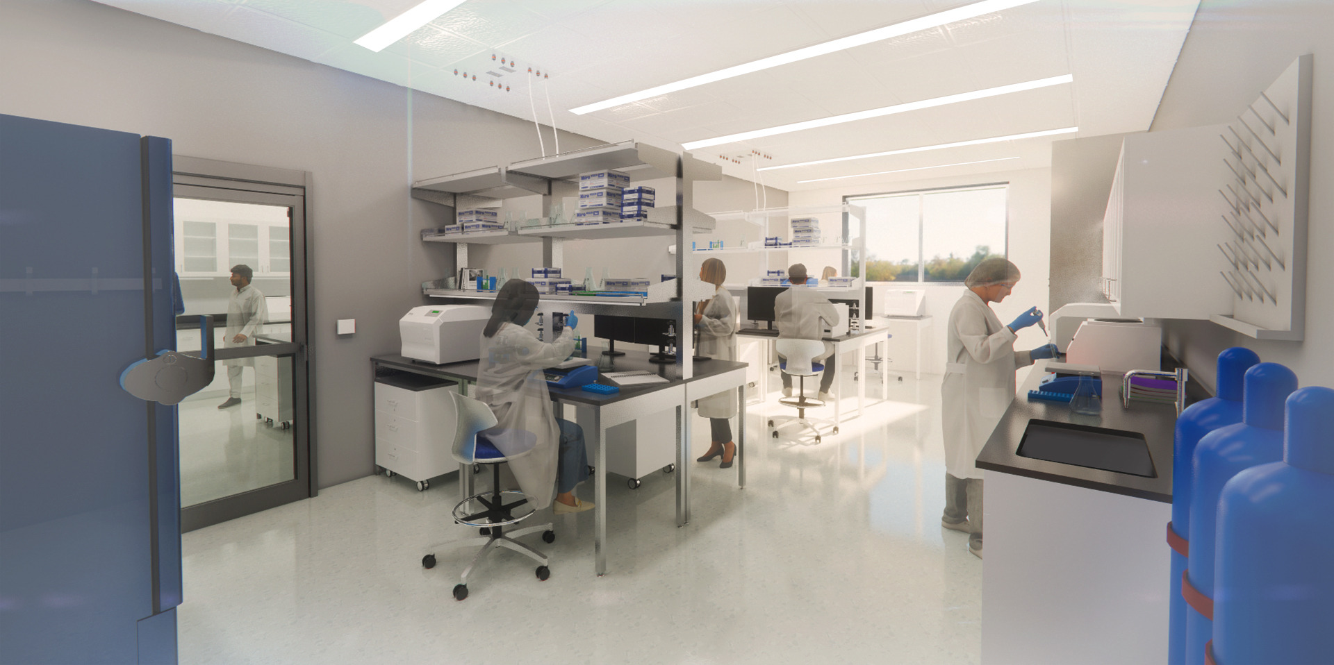 A bright, well-equipped lab with large windows and overhead lighting. People in lab coats are using pipettes and analyzing samples at various workstations.