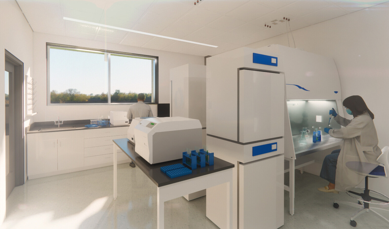 A focused view of a lab area featuring a biosafety cabinet and specialized instruments. One person works with samples inside the cabinet, while another is at a counter near a sunlit window.