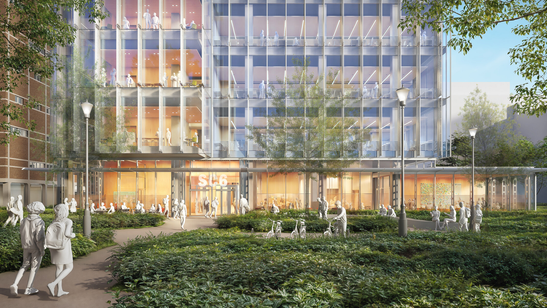 Design rendering of a campus glass, modern research facility; foreground courtyard and greenery space