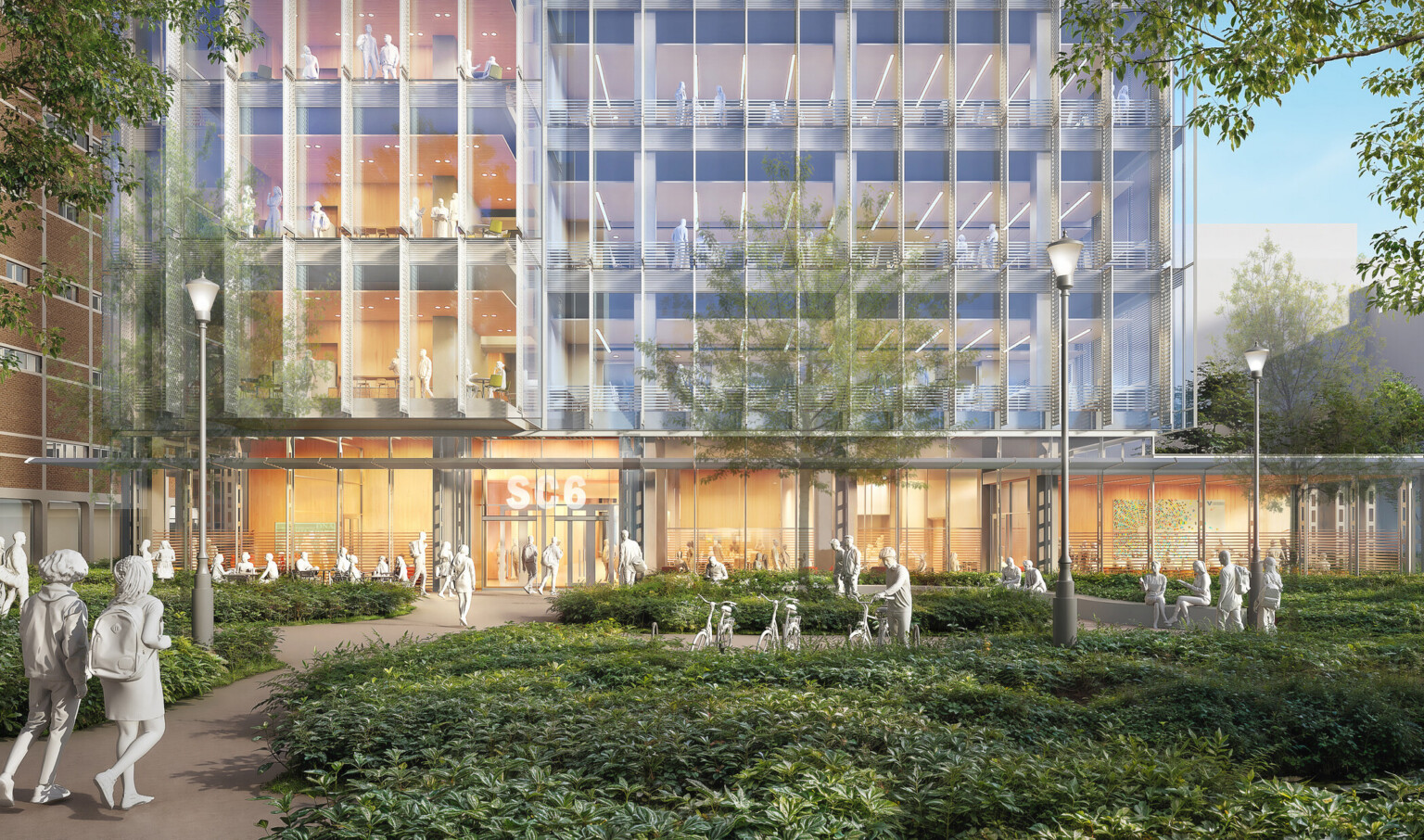 Design rendering of a campus glass, modern research facility; foreground courtyard and greenery space