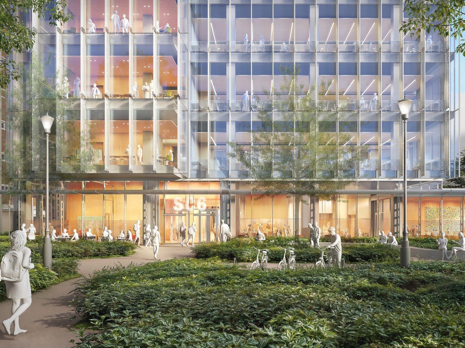 Design rendering of a campus glass, modern research facility; foreground courtyard and greenery space