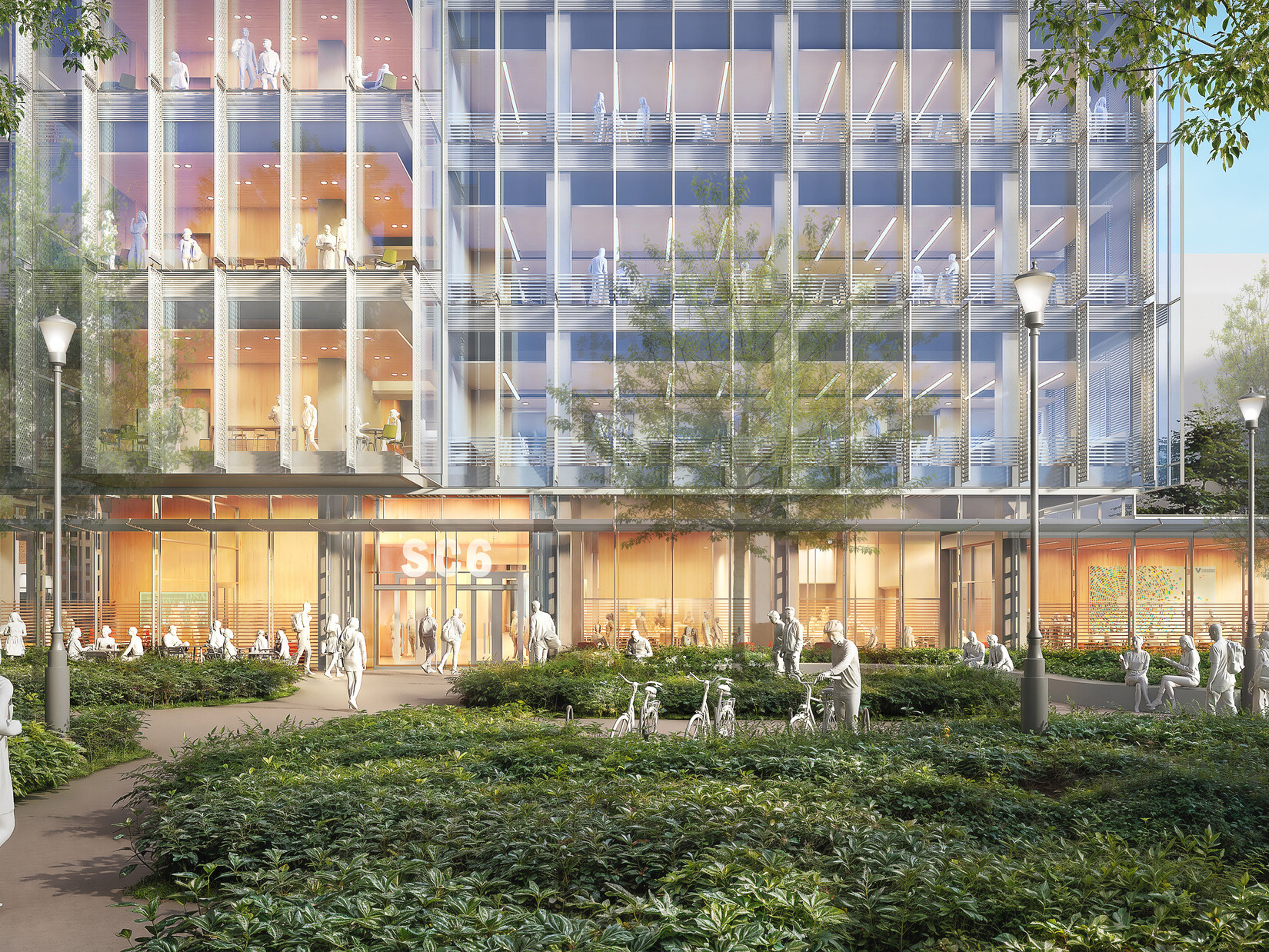 Design rendering of a campus glass, modern research facility; foreground courtyard and greenery space