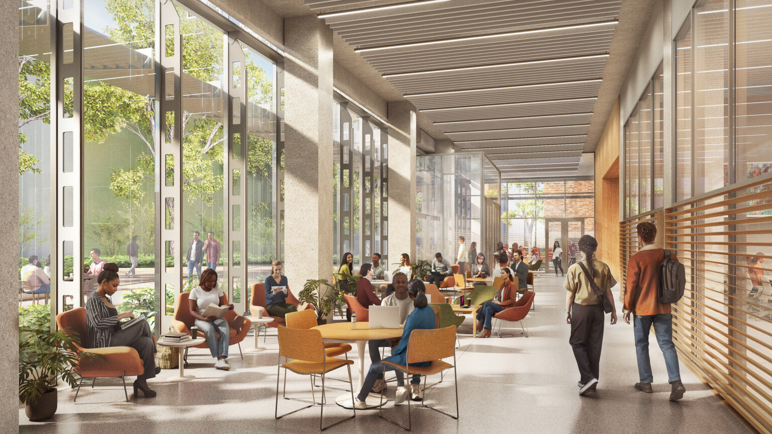 interior rendering of a college common space; large floor to ceiling windows with tables throughout