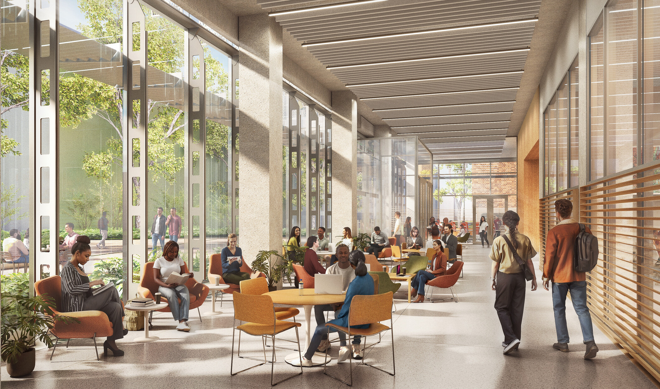 interior rendering of a college common space; large floor to ceiling windows with tables throughout