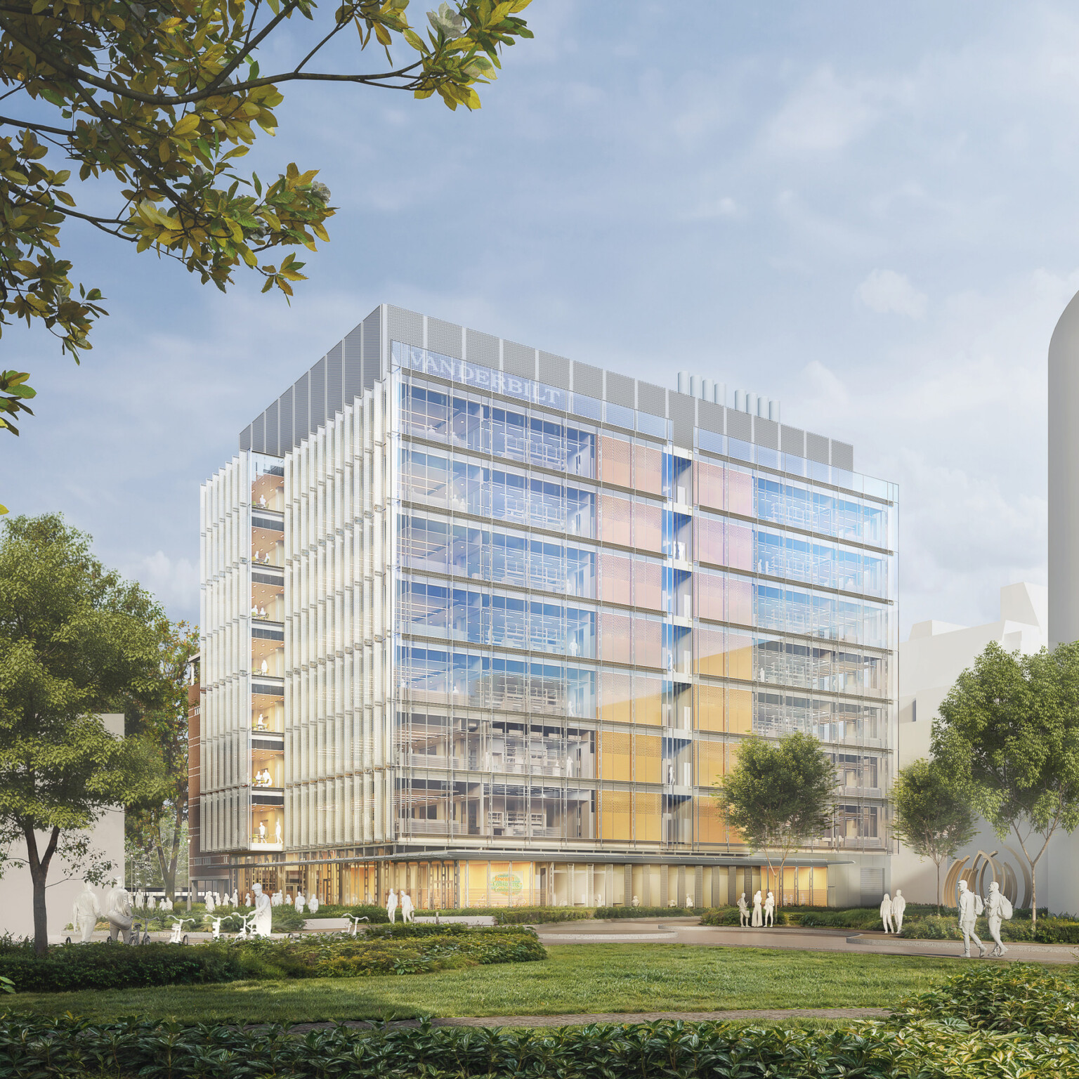 Design rendering of a campus glass, modern research facility; 10 stories high