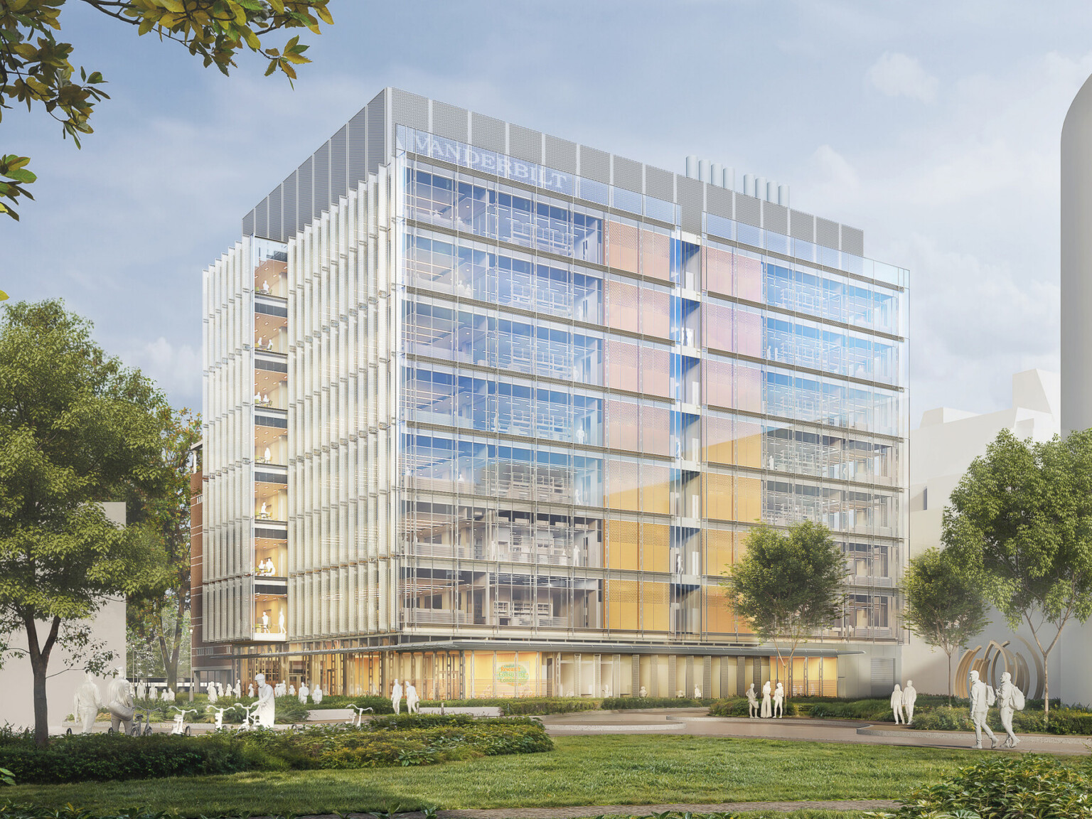 Design rendering of a campus glass, modern research facility; 10 stories high