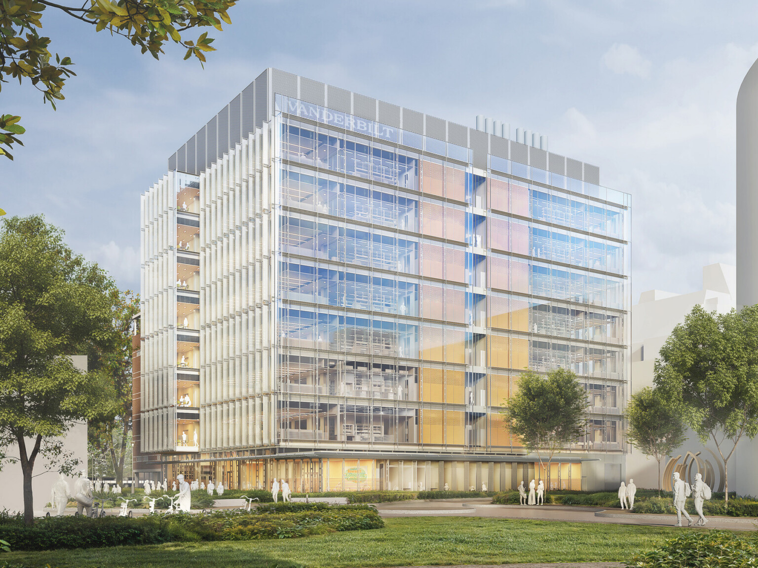 Design rendering of a campus glass, modern research facility; 10 stories high