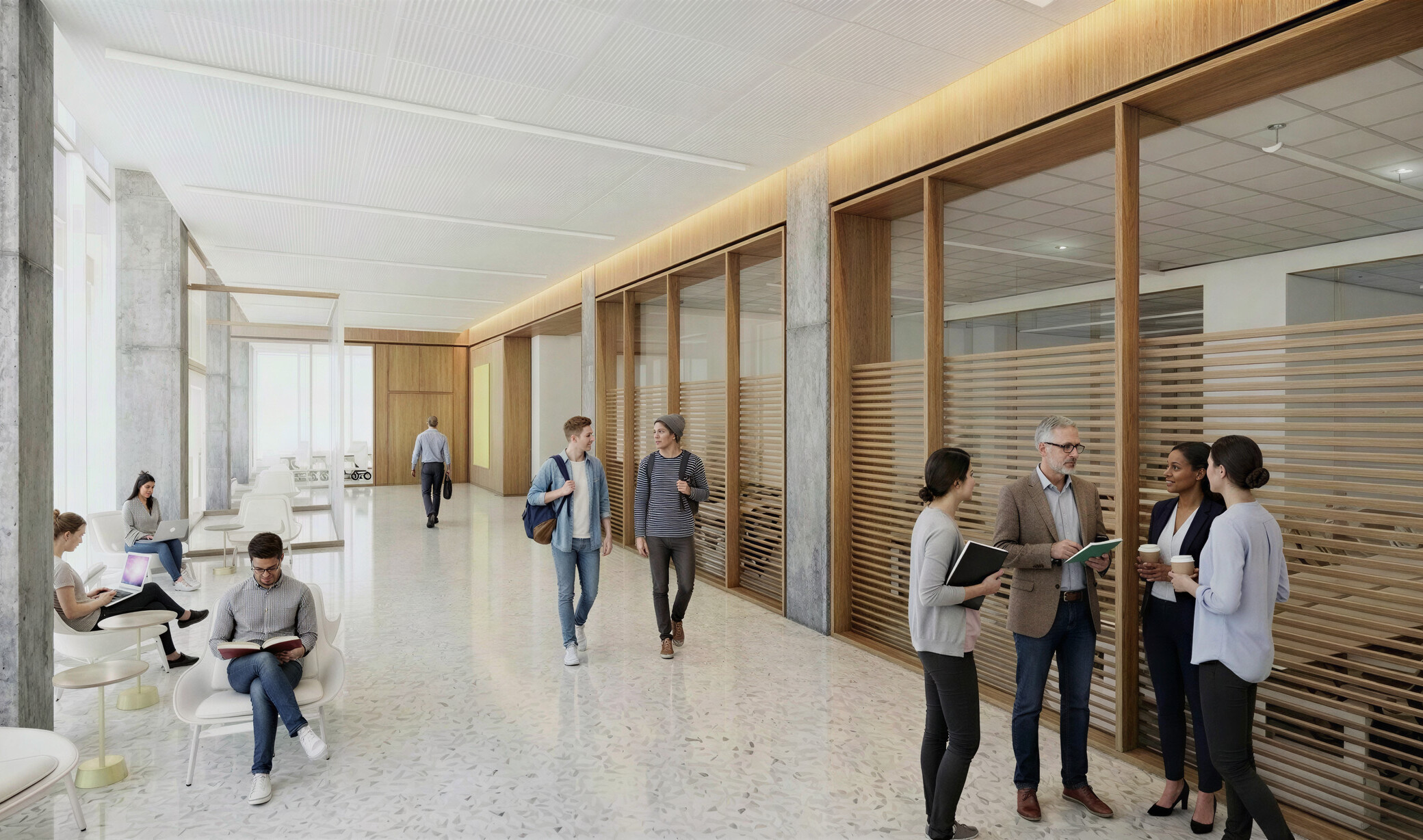 modern college building hallway architectural rendering; mass timber and clean modern materials