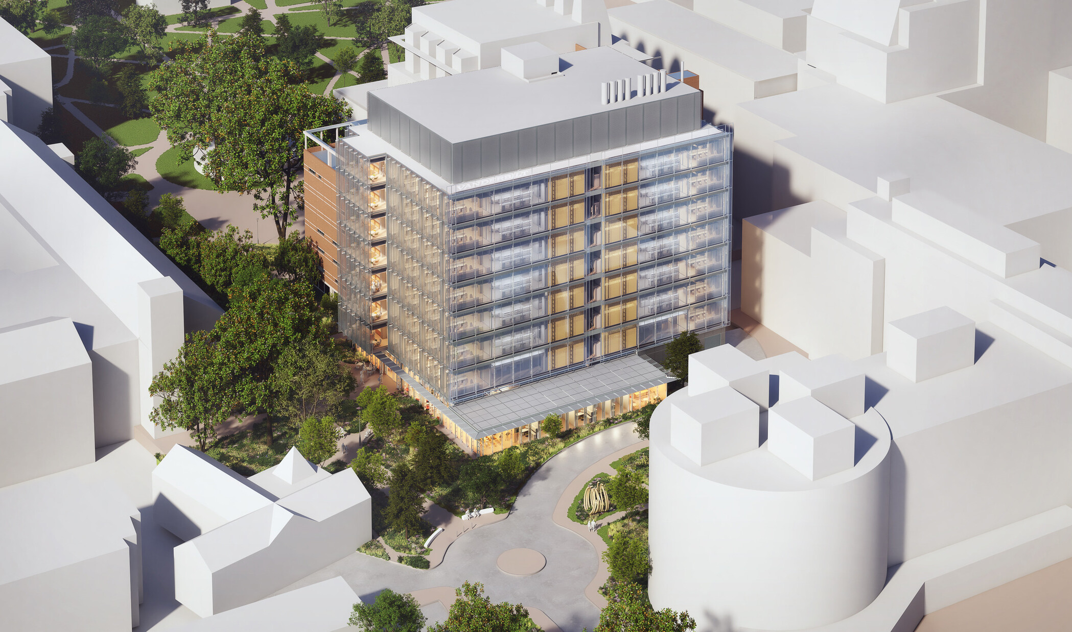 architectural rendering of a a modern college building surrounded by models of buildings