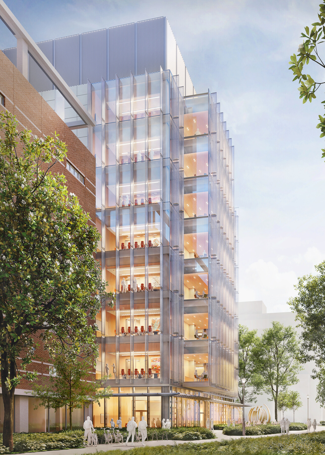 Design rendering of a campus glass, modern research facility; 10 stories high