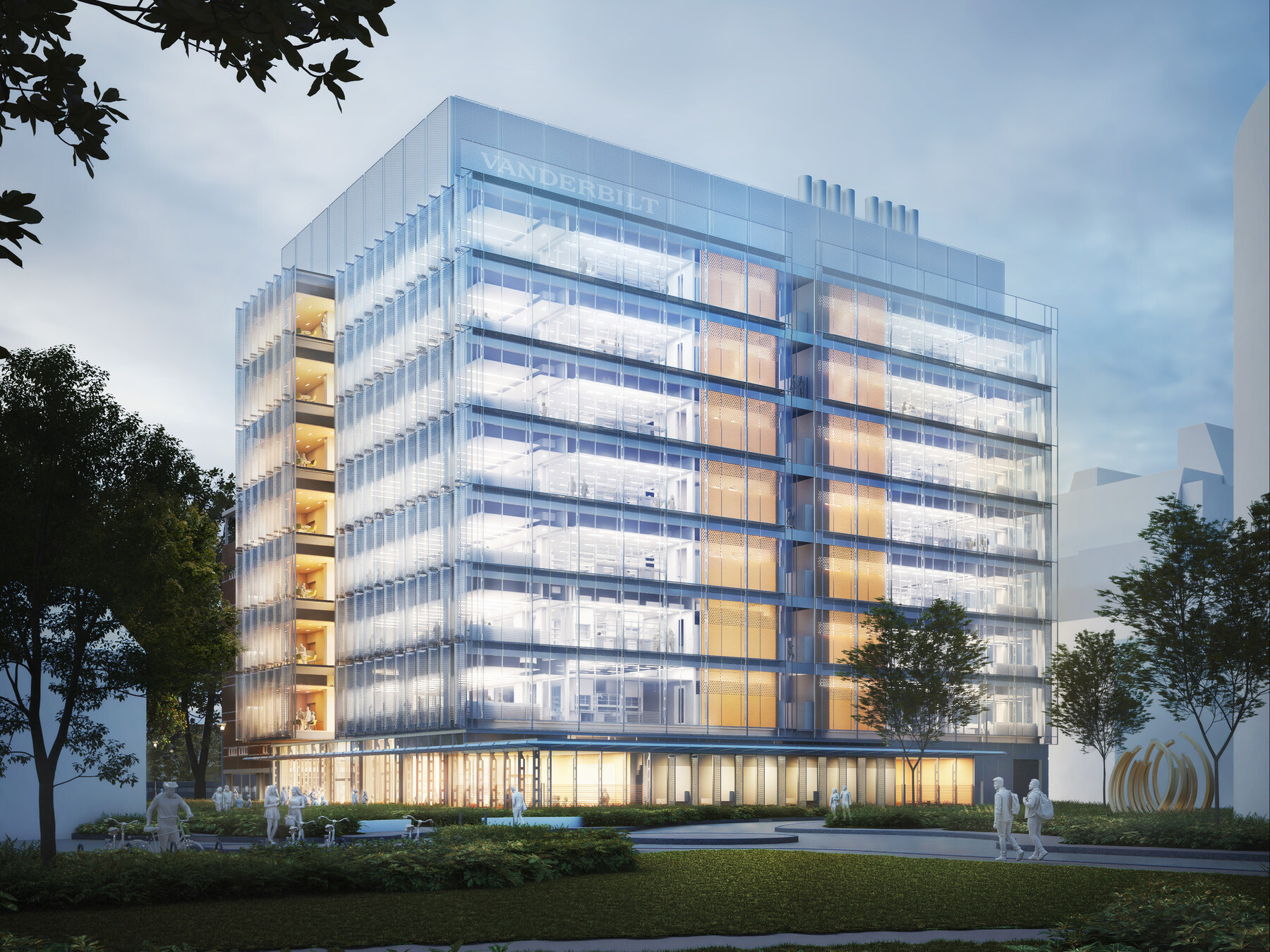 Rendering of an eight story research building on a college campus; full transparent glass façade with Vanderbilt signage posted on the top of the building