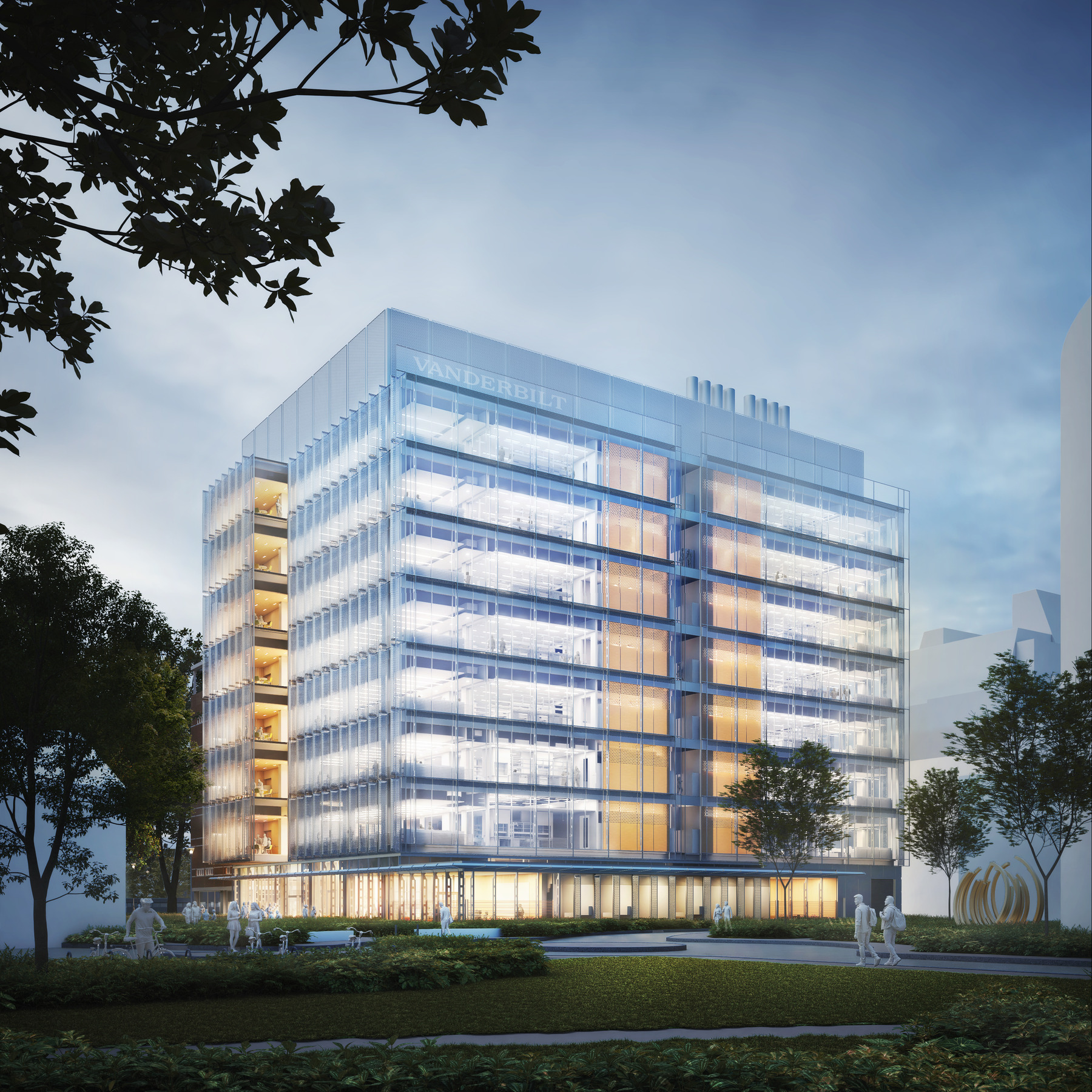 Rendering of an eight story research building on a college campus; full transparent glass façade with Vanderbilt signage posted on the top of the building