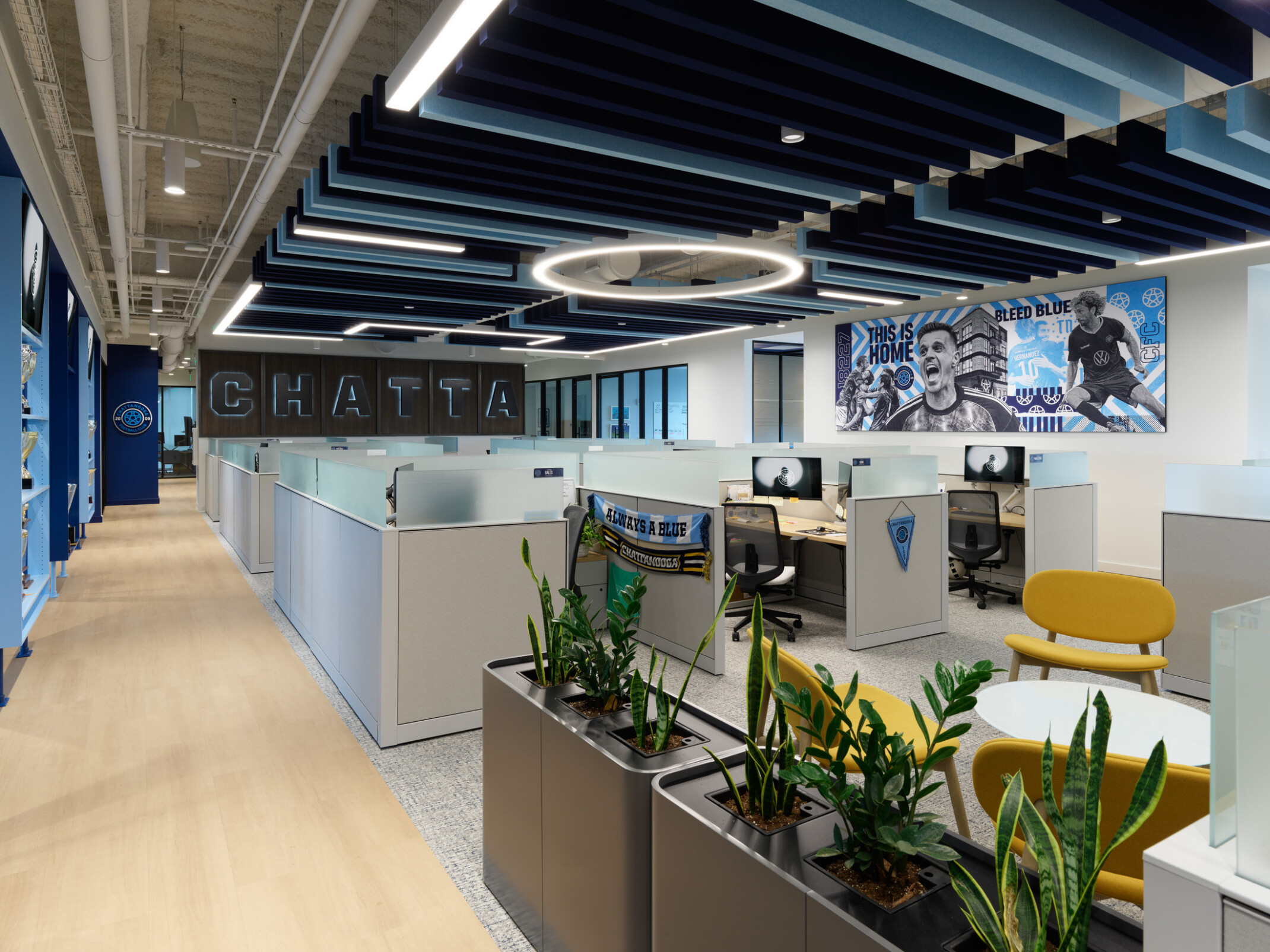 Open-plan Chattanooga Football Club office featuring cubicles, branded wall graphics, decorative ceiling elements, and collaborative seating areas with plants.