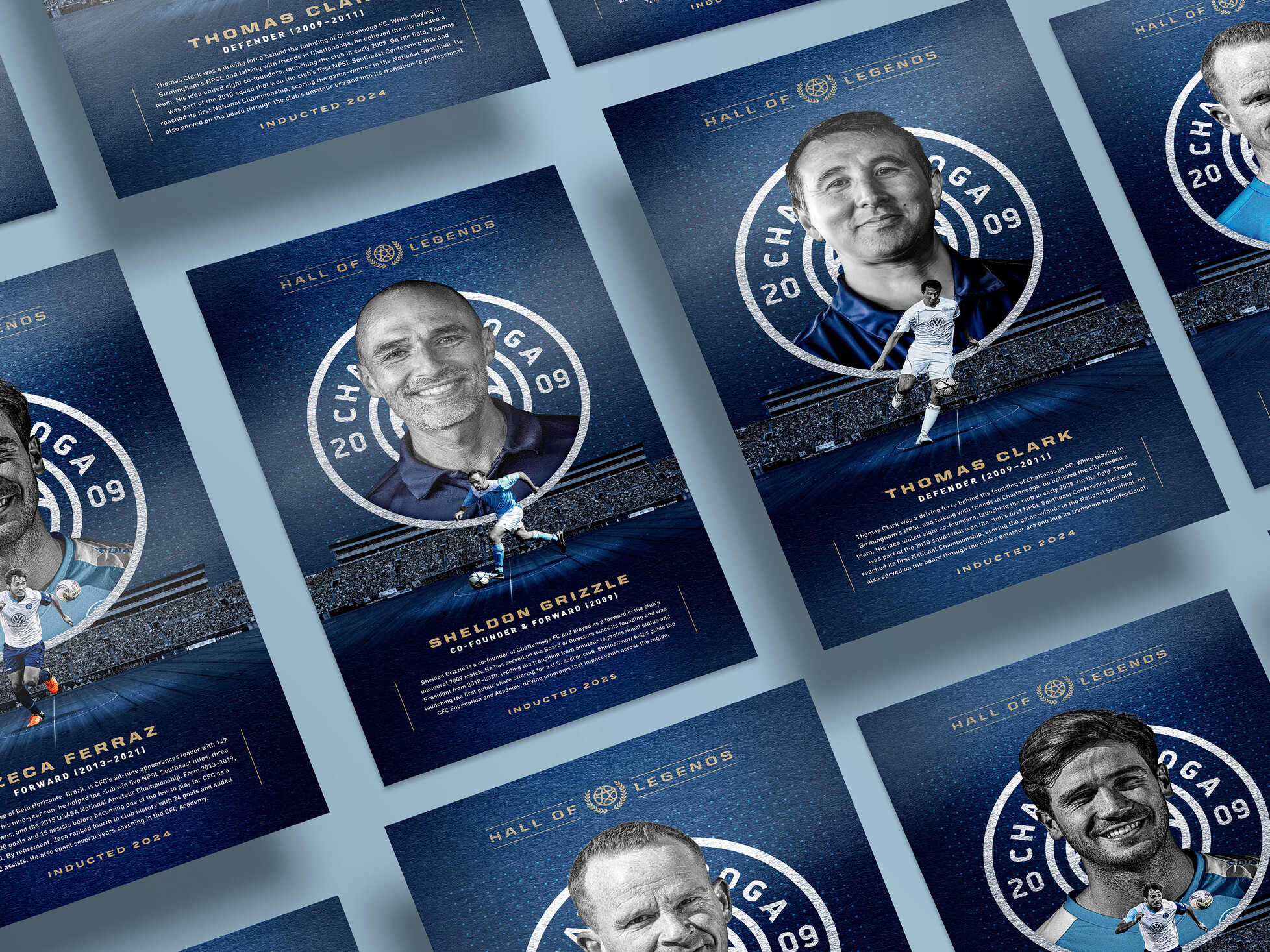 Collection of Chattanooga Football Club “Hall of Legends” recognition poster designs featuring inducted players, coaches, and club figures presented in a blue-and-gold commemorative format.