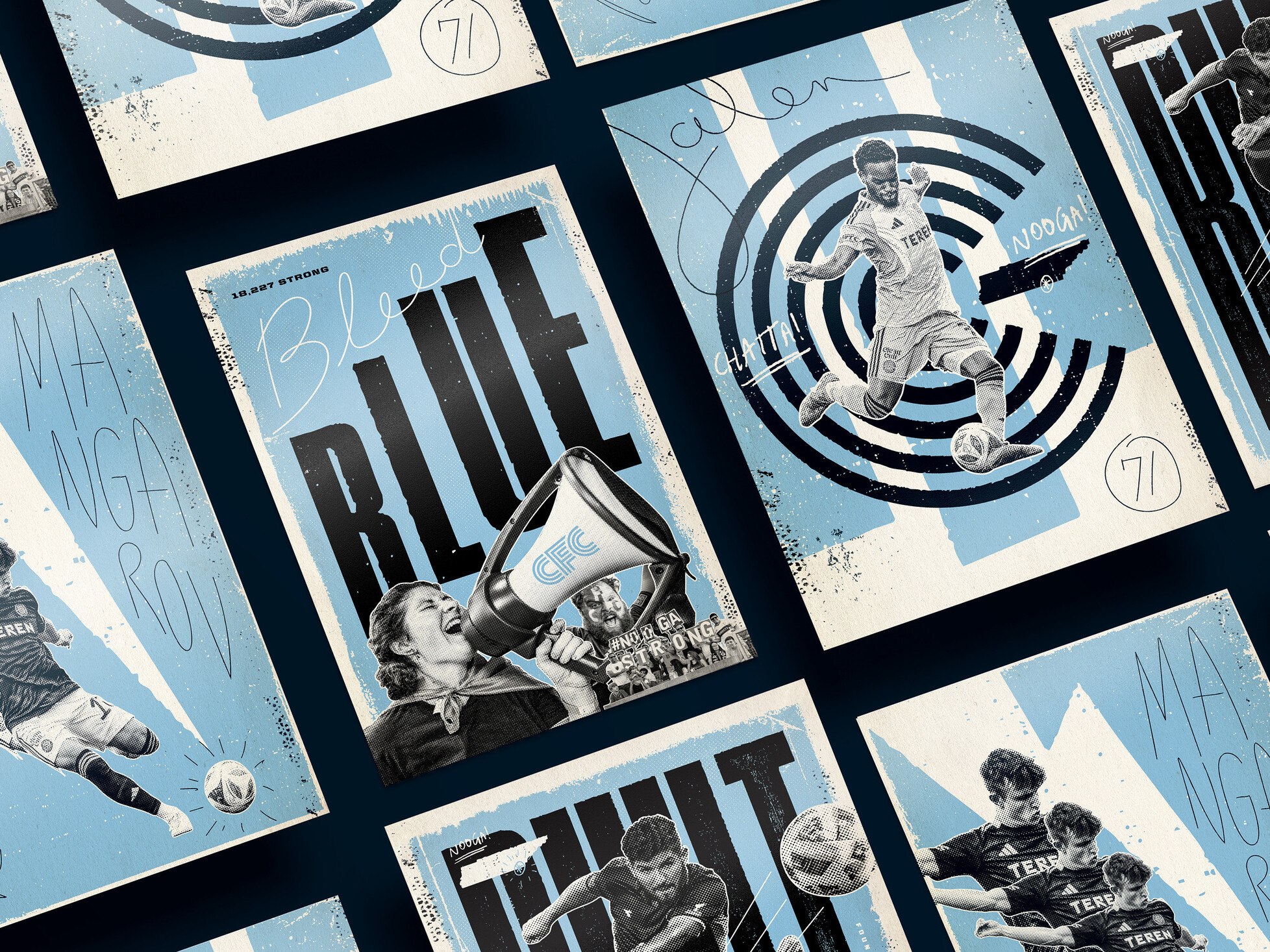 Collection of Chattanooga Football Club-themed poster designs featuring soccer players, supporter imagery, club branding, and bold blue-and-black graphic elements arranged in a grid.