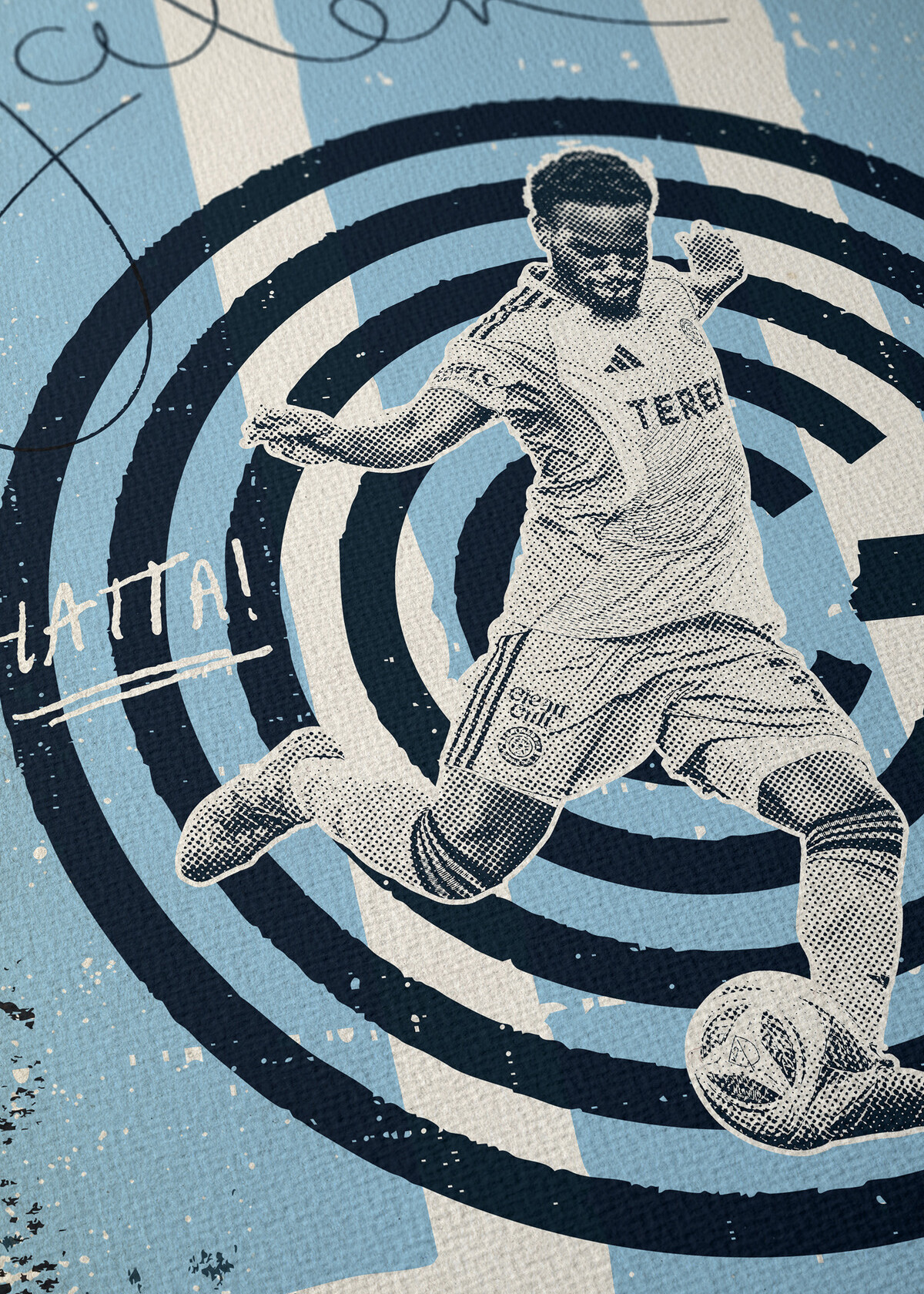 Stylized Chattanooga Football Club poster featuring a soccer player in action over concentric club-inspired graphic elements, rendered in a blue, black, and white color palette.