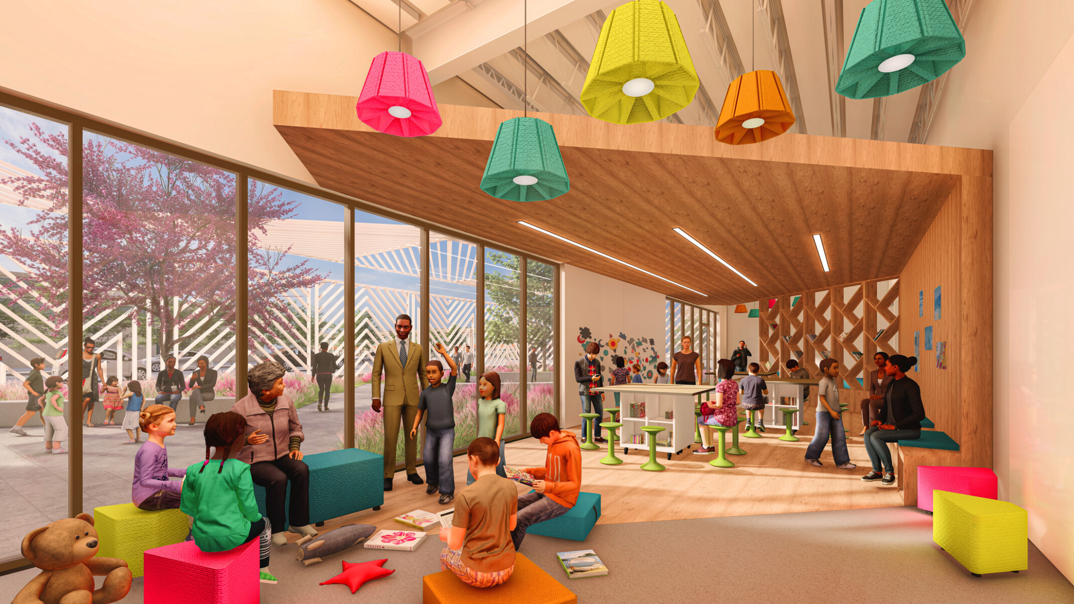 architectural rendering of Albany museum of art; children's interactive room with modular furniture; toys; crafts and books; floor to ceiling windows looking out to atrium