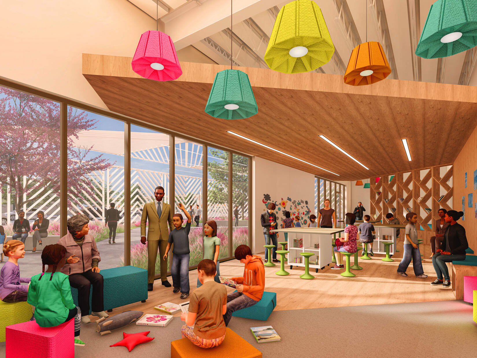 architectural rendering of Albany museum of art; children's interactive room with modular furniture; toys; crafts and books; floor to ceiling windows looking out to atrium