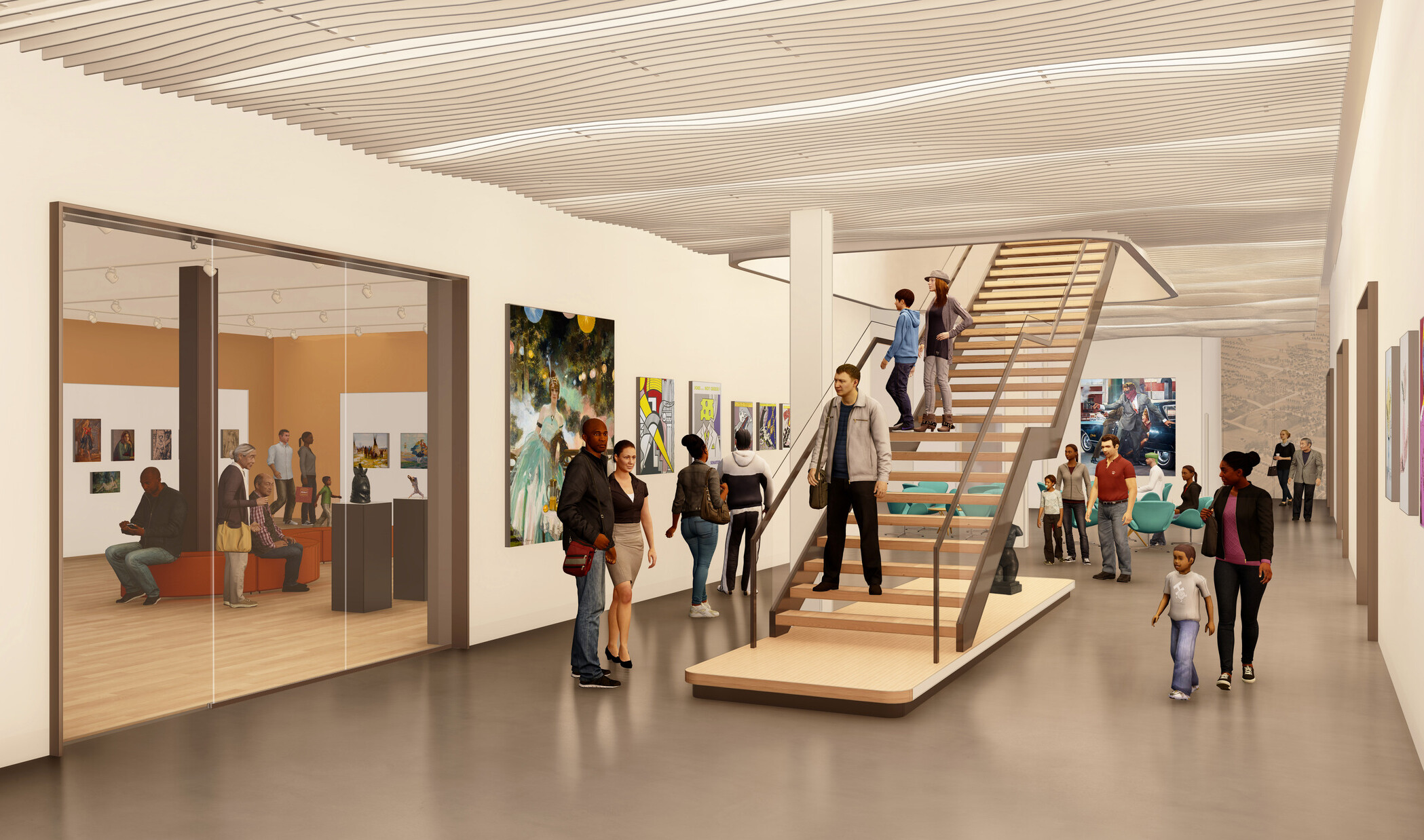 architectural rendering of Albany museum of art; central staircase with open hallway exhibit with exhibit rooms entrances off the hallway