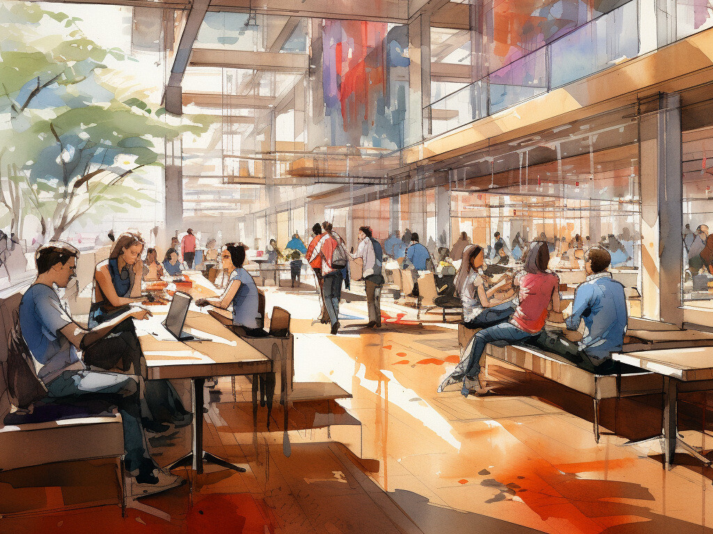Rendering of students interacting in a campus common area studying and having conversations