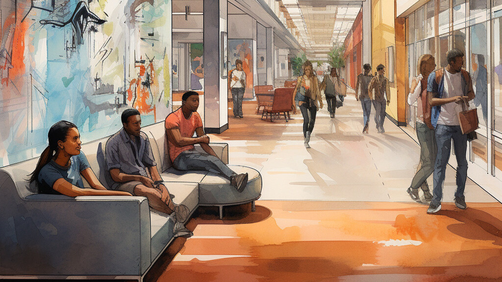 Rendering of students interacting in a campus hallway sitting on couches and walking through hallway