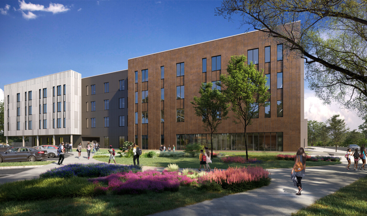 exterior rendering of a Dekalb County middle and high school building; greenery and garden space in front of the tri-facade building with a rectangle shape