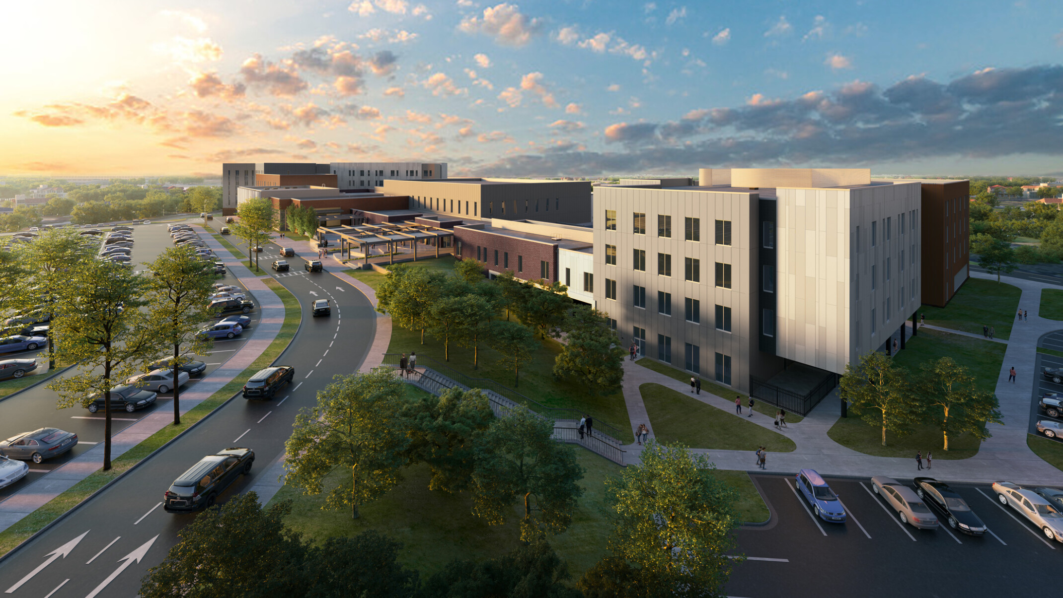 rendering of the new DaKalb County middle and high school; modern building facing a neighborhood road; greenery surrounding the large campus