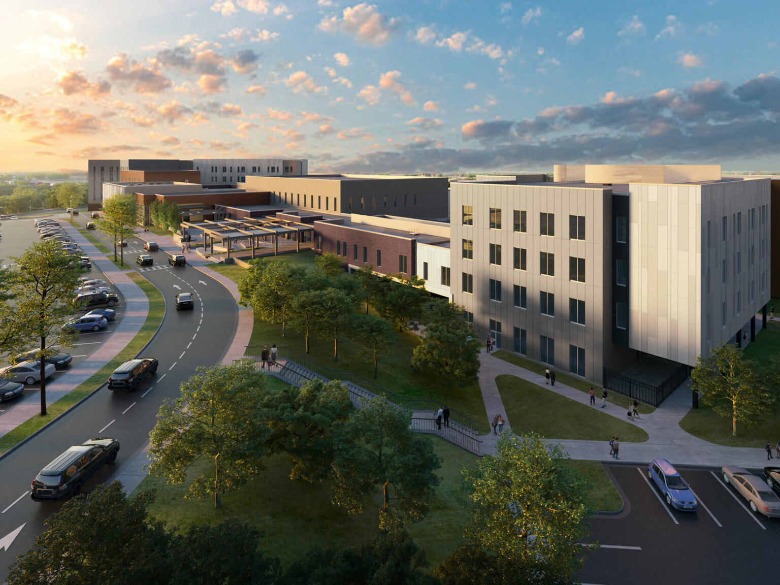 rendering of the new DaKalb County middle and high school; modern building facing a neighborhood road; greenery surrounding the large campus