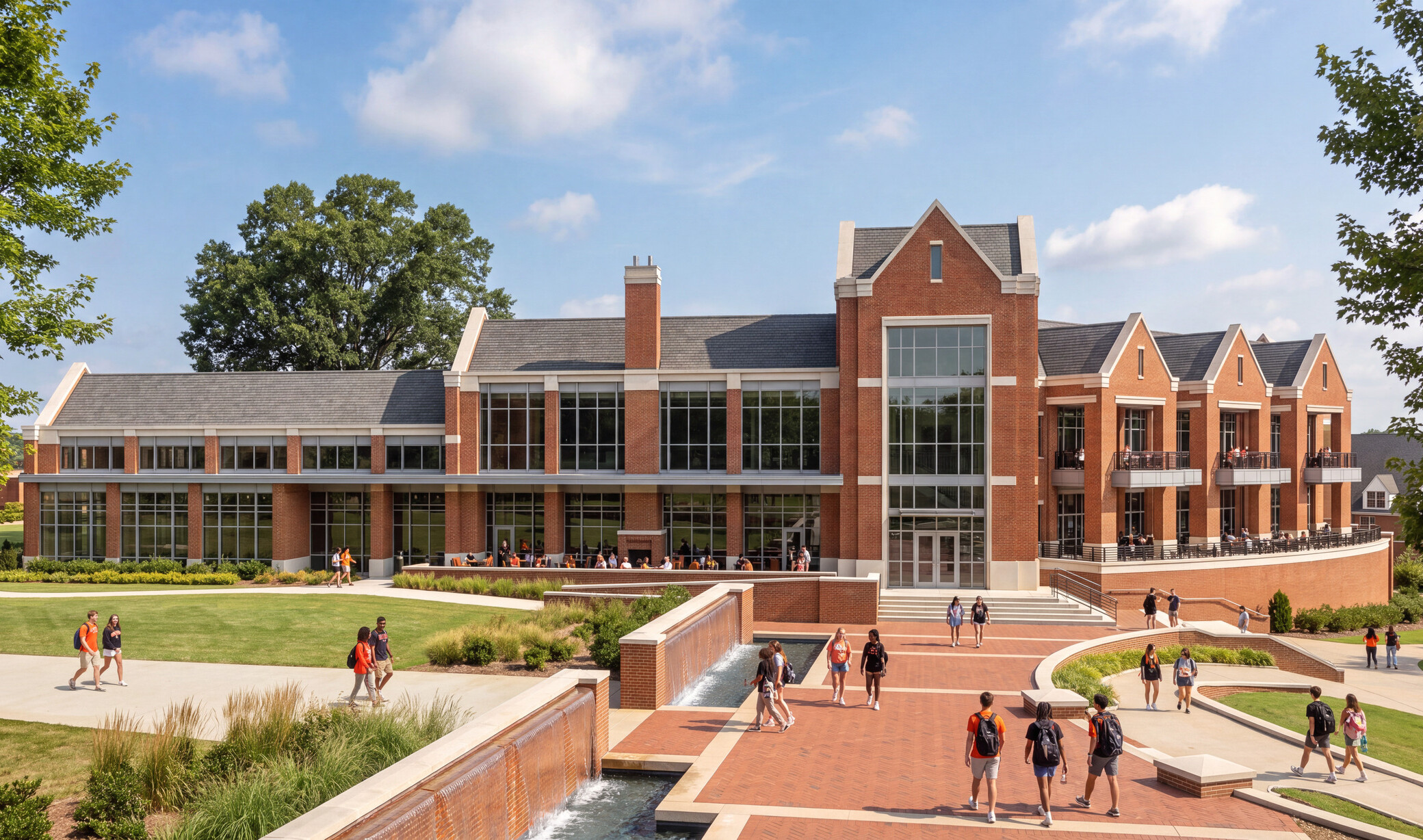 University building with multi-paneled facade with pointed roofing; foreground large campus walkway