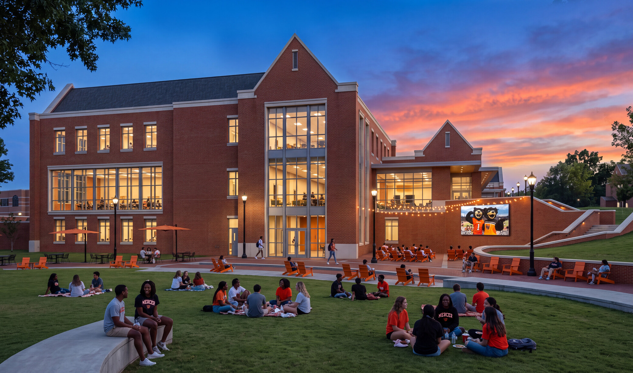 University building with multi-paneled facade with pointed roofing; foreground large campus green with students sitting and talking in the evening