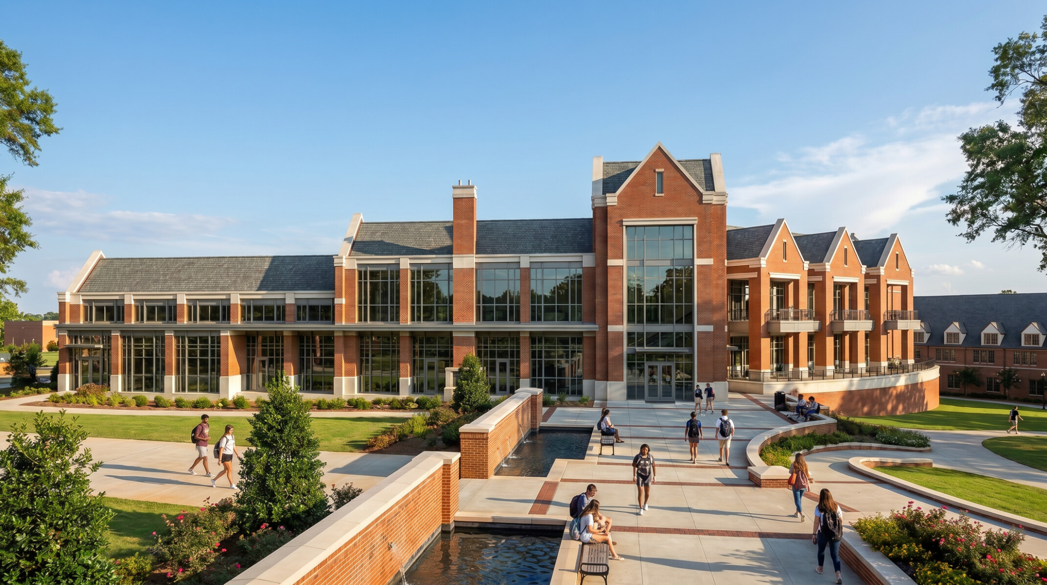 University building with multi-paneled facade with pointed roofing; foreground large campus walkway